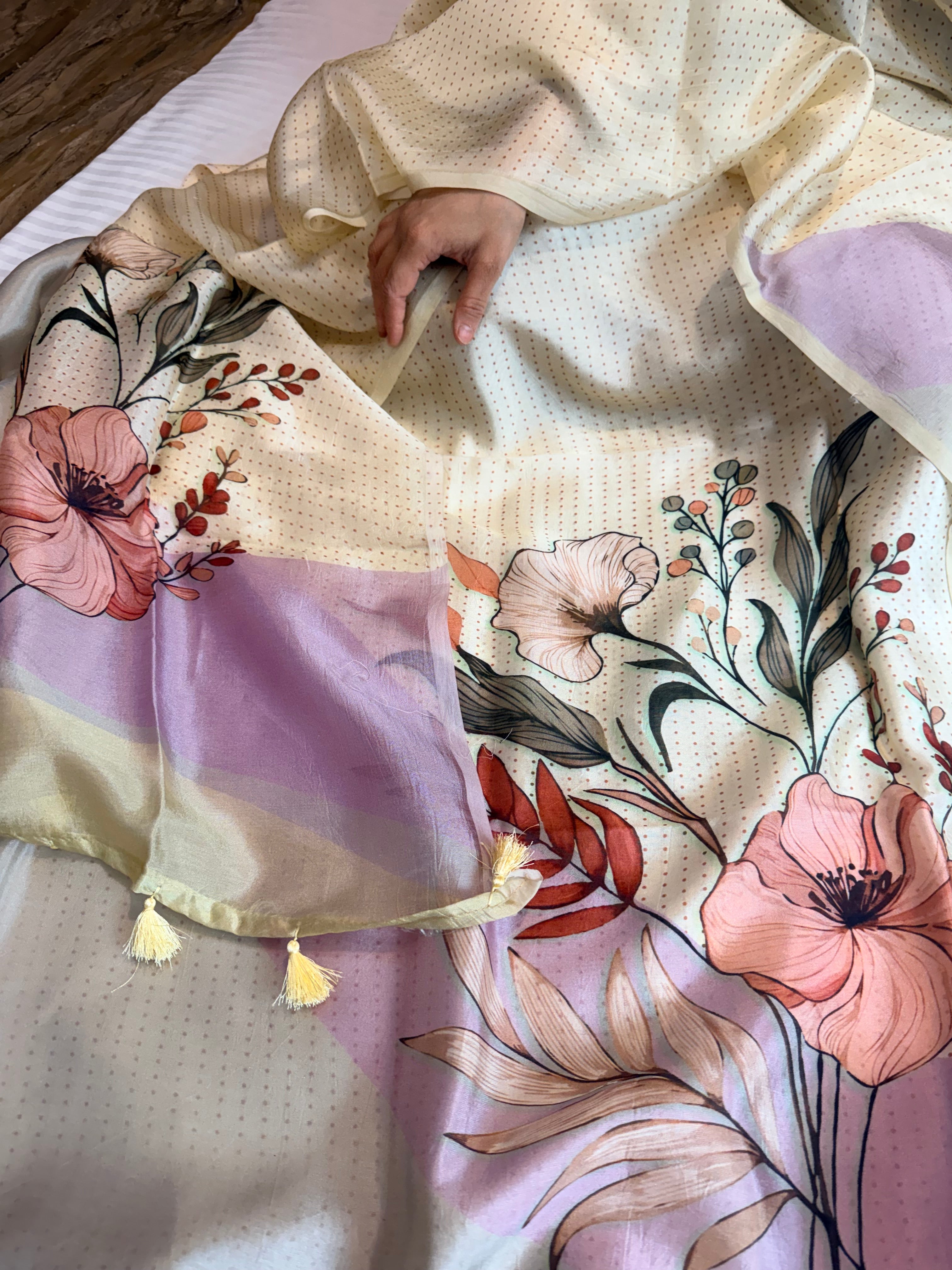 Printed spun chiniya silk kadhwa weaving suit set