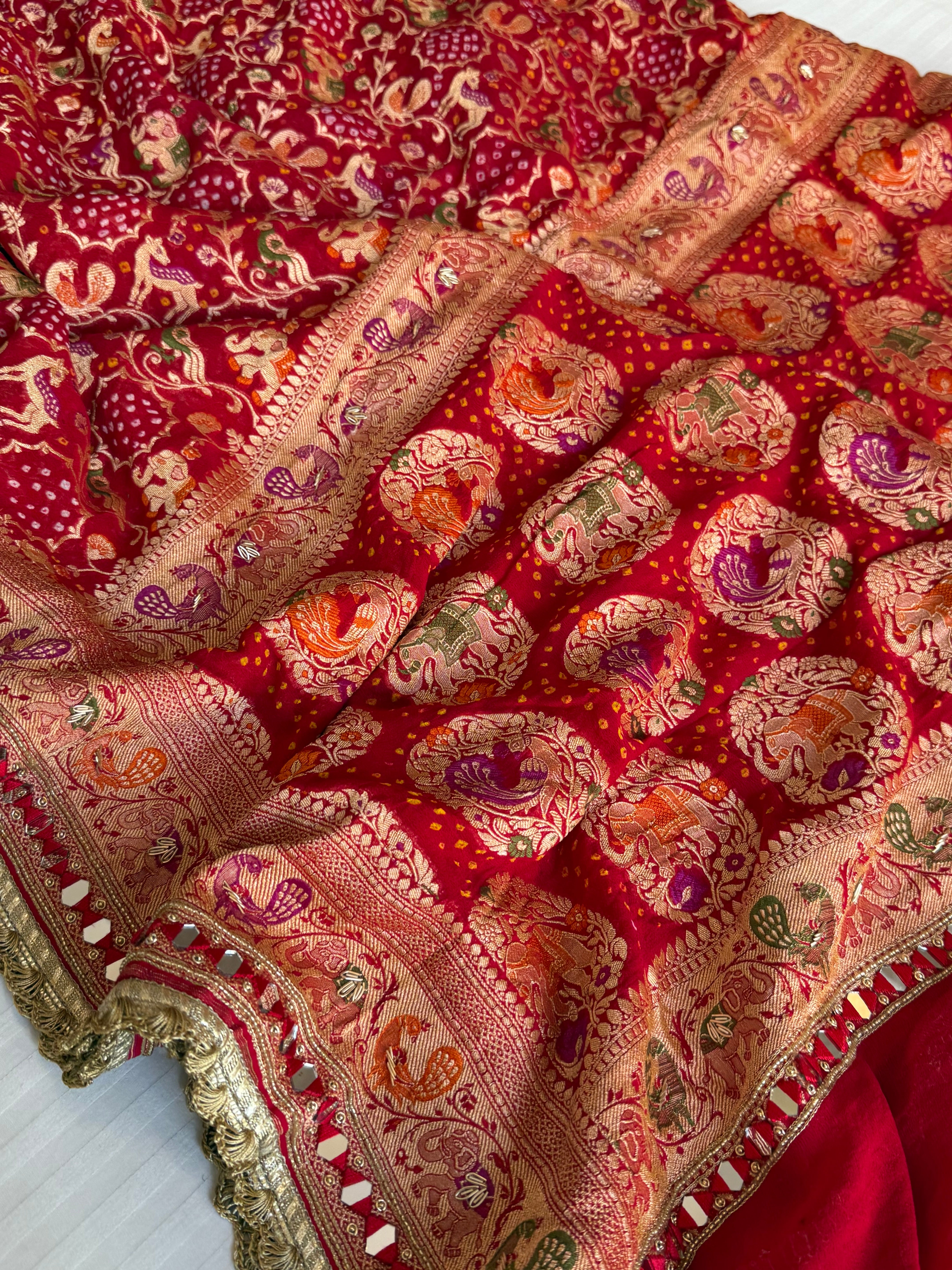 Mirror work shikargah motif hand embroidered banarasi bandhej saree