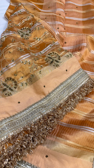 Trousseau edit — Chuski orange husn tissue silk hand embroidered saree