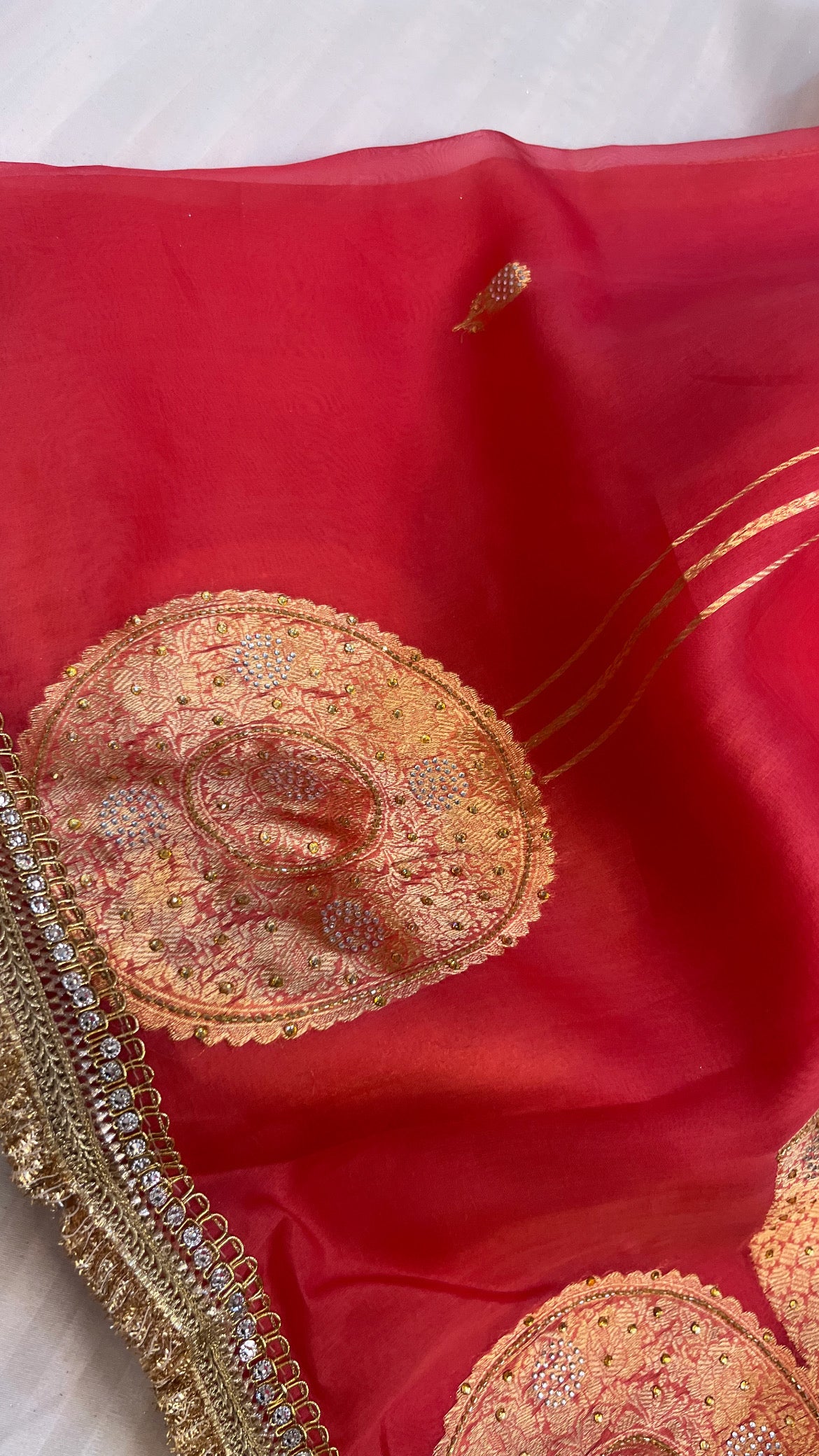 Tomato red sitara kora silk stonework saree