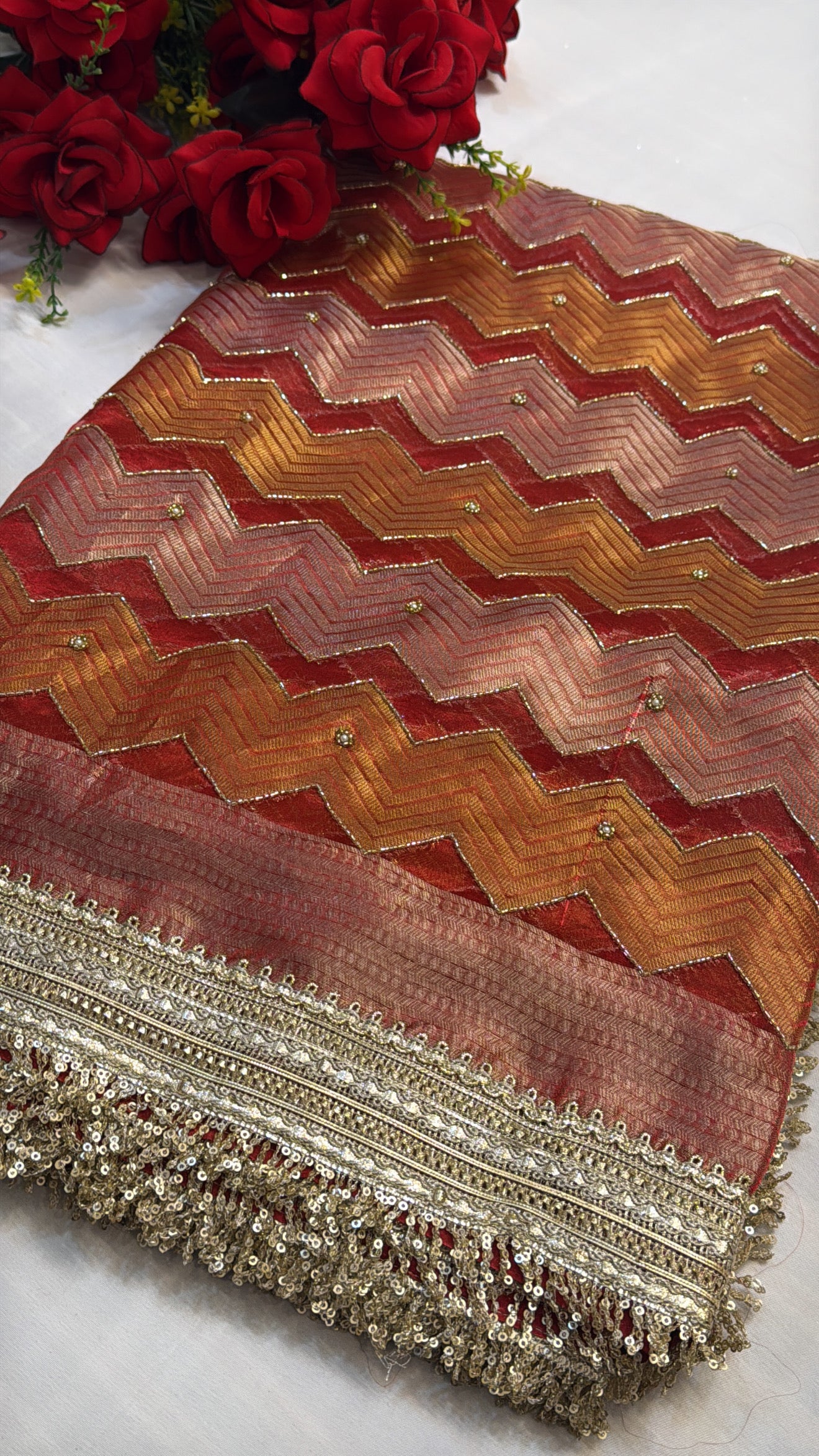 Dulhan ka joda husn red tissue silk brocade hand embroidered kadhwa saree