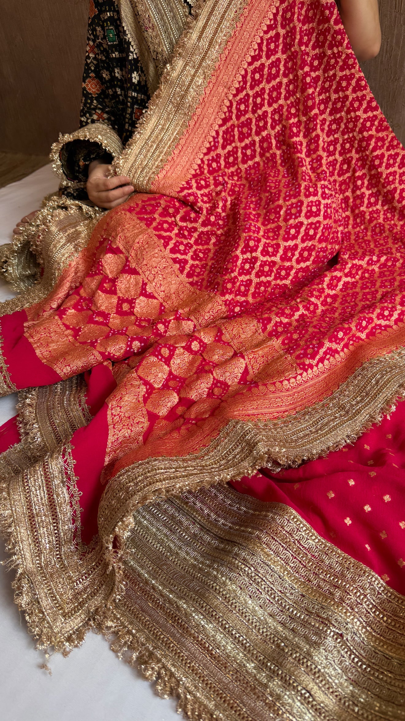 Rani pink banarasi rai bandhej gorgette gotapatti suit set