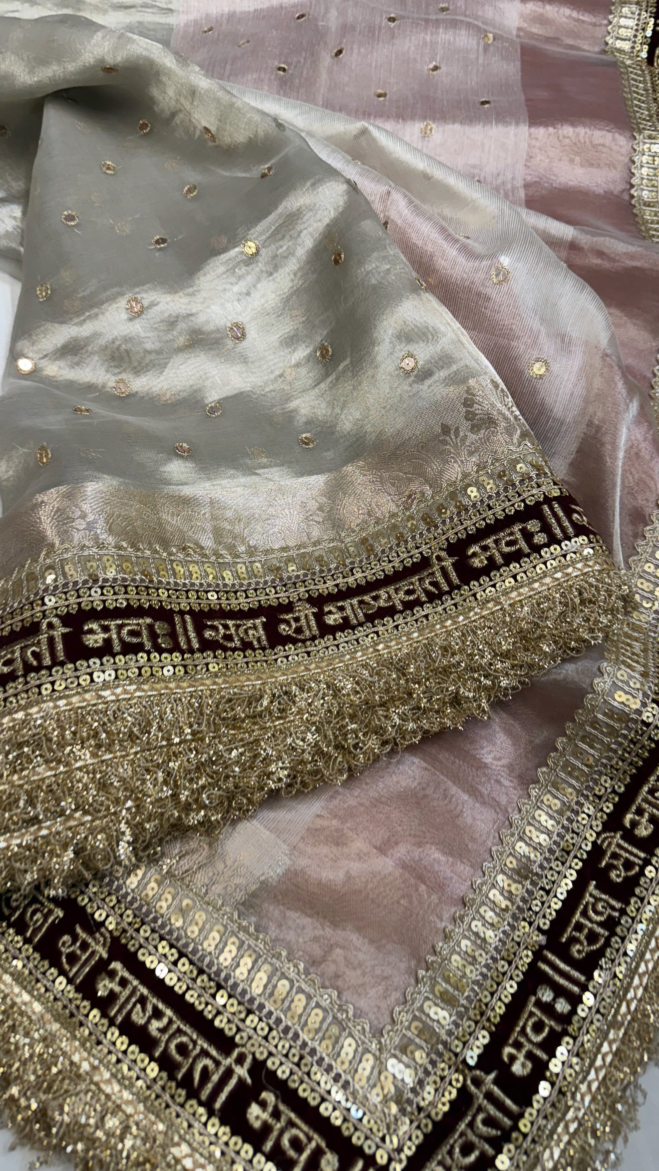 Diamond tissue silk chunri buti hand embroidered panetar saree