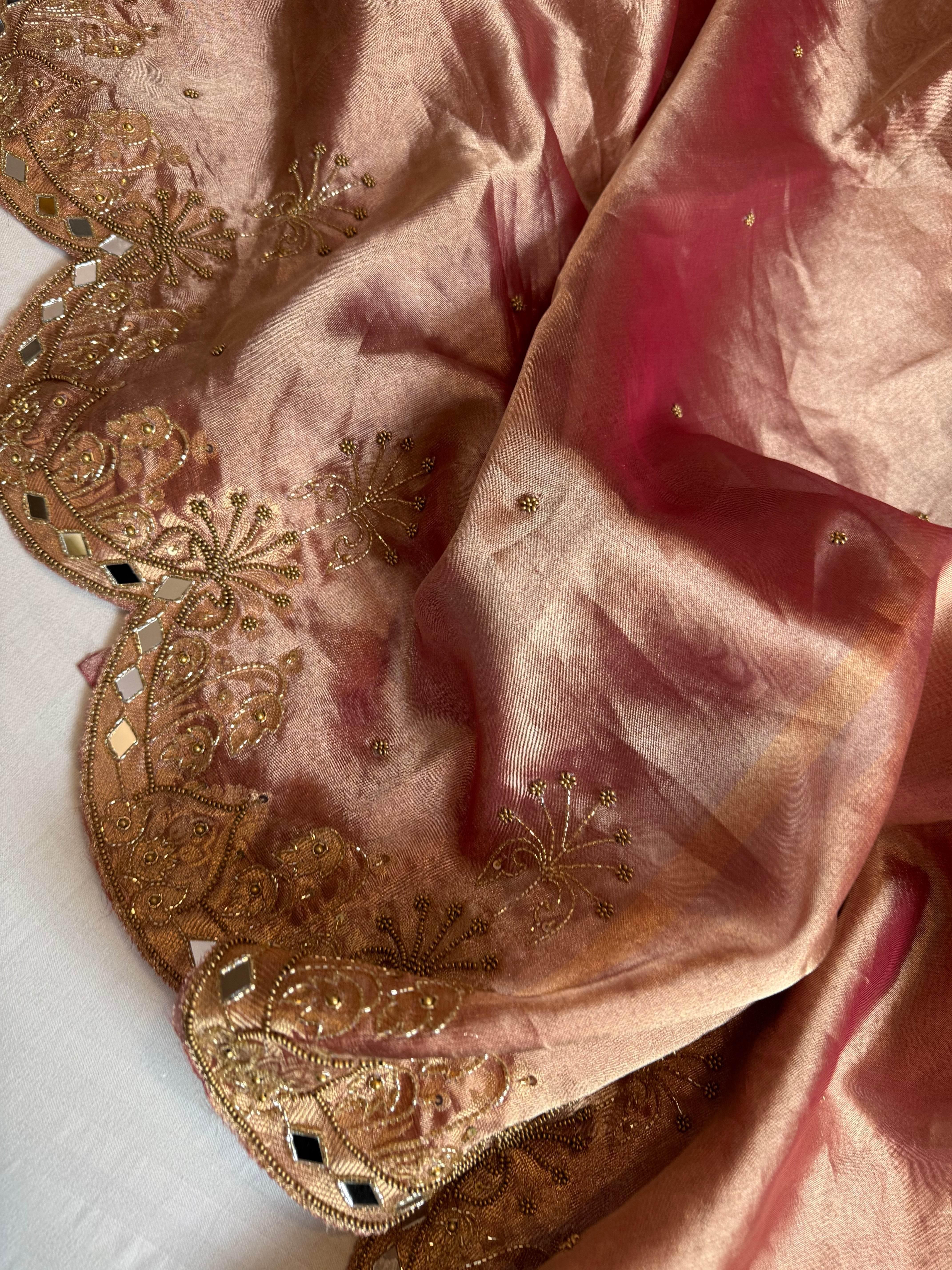 Husn cherry pink tissue silk heavy hand embroidered kadhwa saree