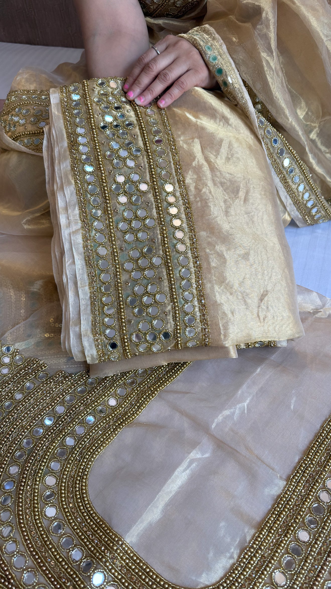 Mirror work edit - Champagne gold tissue silk mirror work heavy banarasi border saree