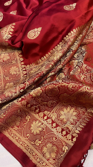 Maroon blood red banarasi mashru silk kadhwa buti saree