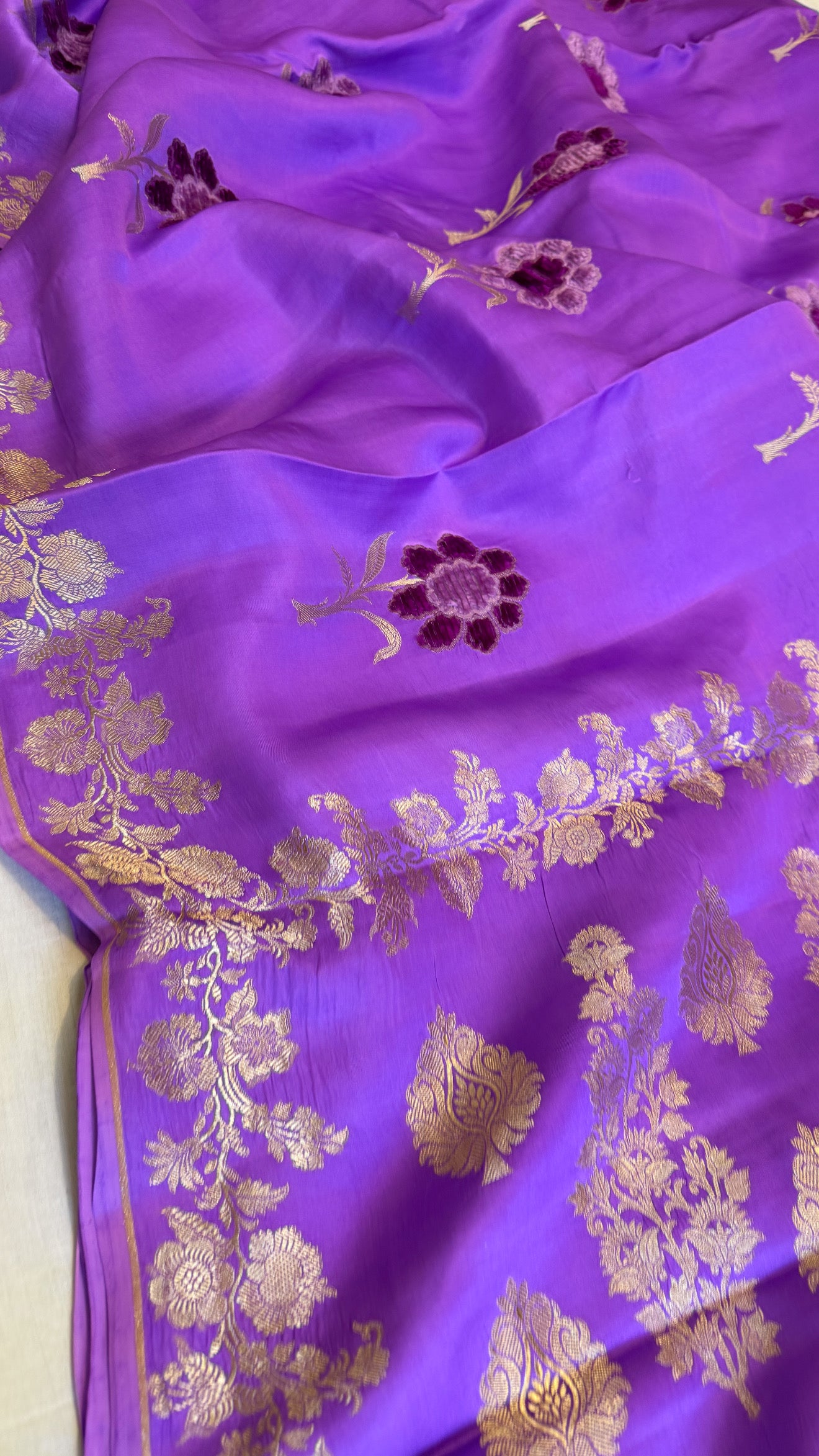 Bright violet banarasi mashru silk velvet buti kadhwa weaving saree