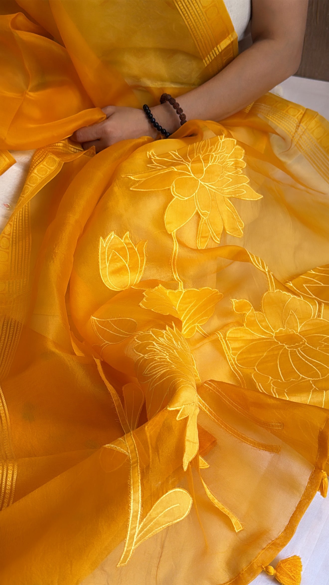 Mango yellow kora silk appliqué work duppata paired with chiniya silk kurta set