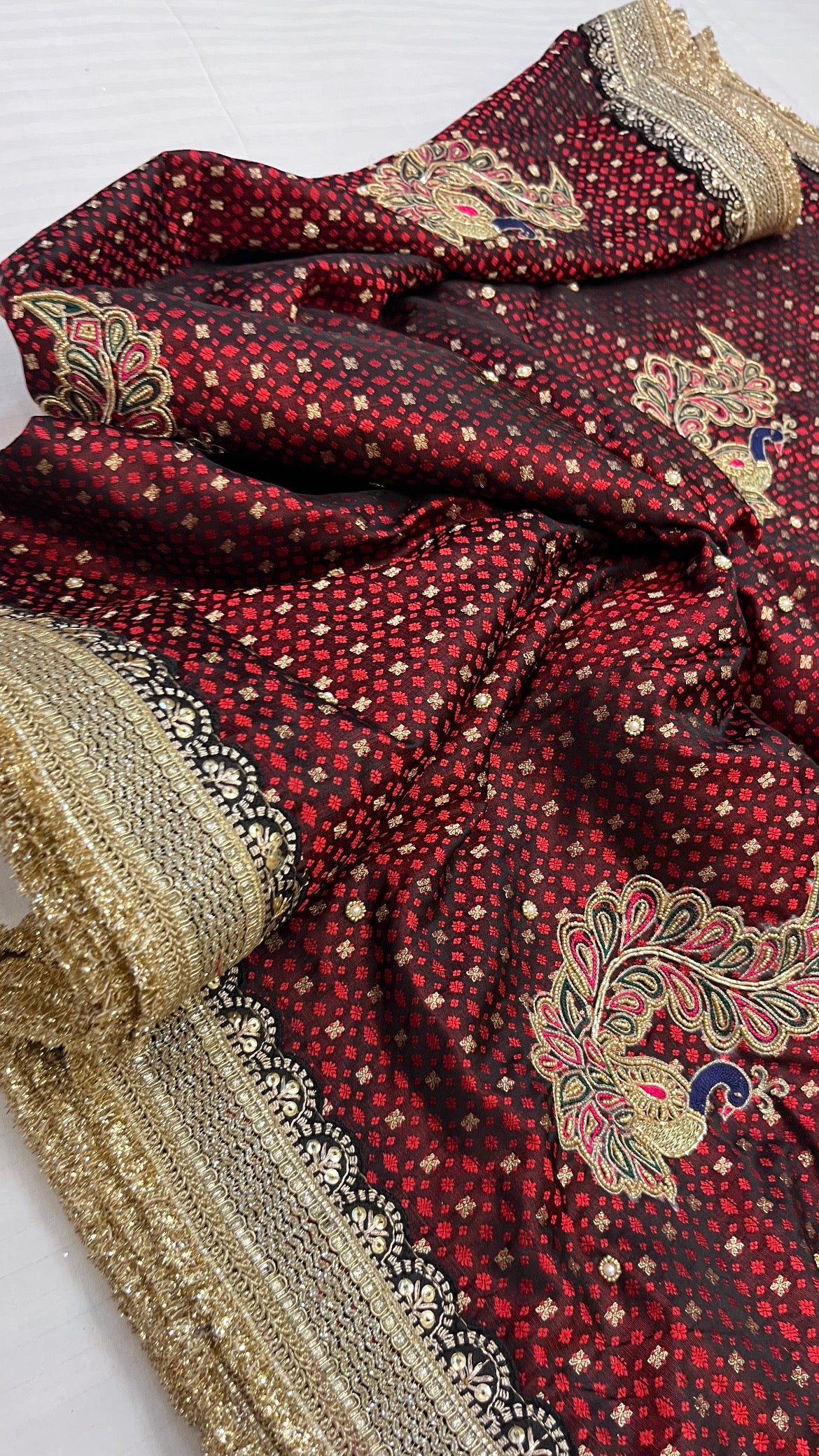 Husn maroon mashru tanchoi silk hand embroidered kadhwa saree