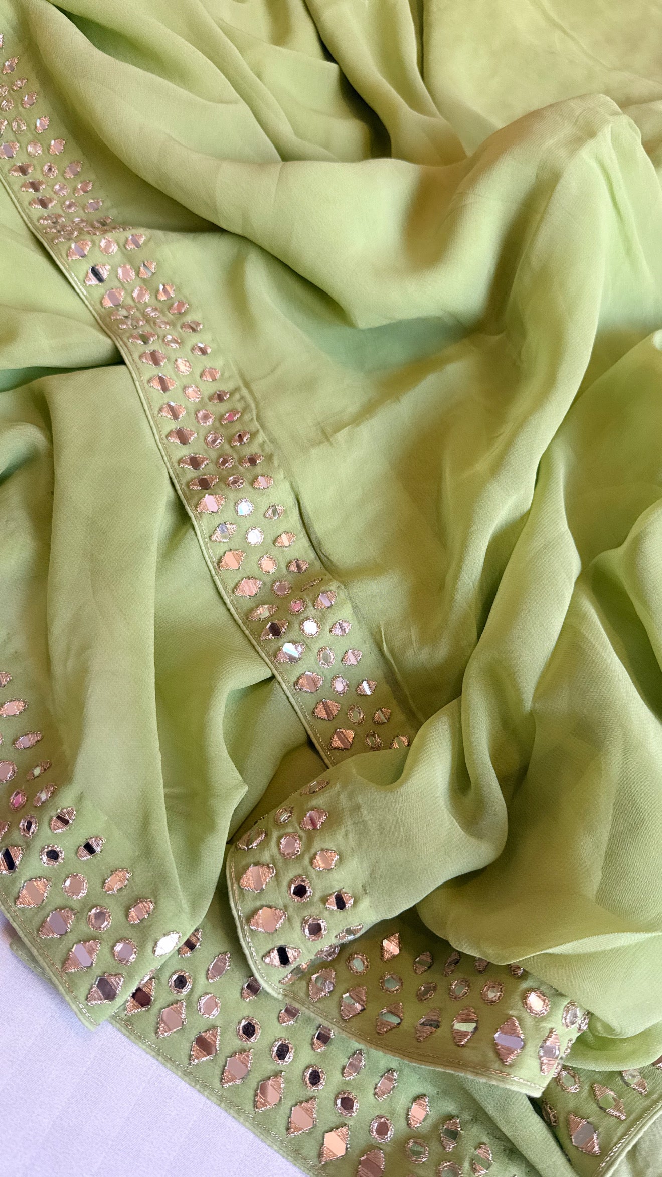 Mother’s Day offer - Candy green chiffon gorgette mirrorwork hand embroidered sarees