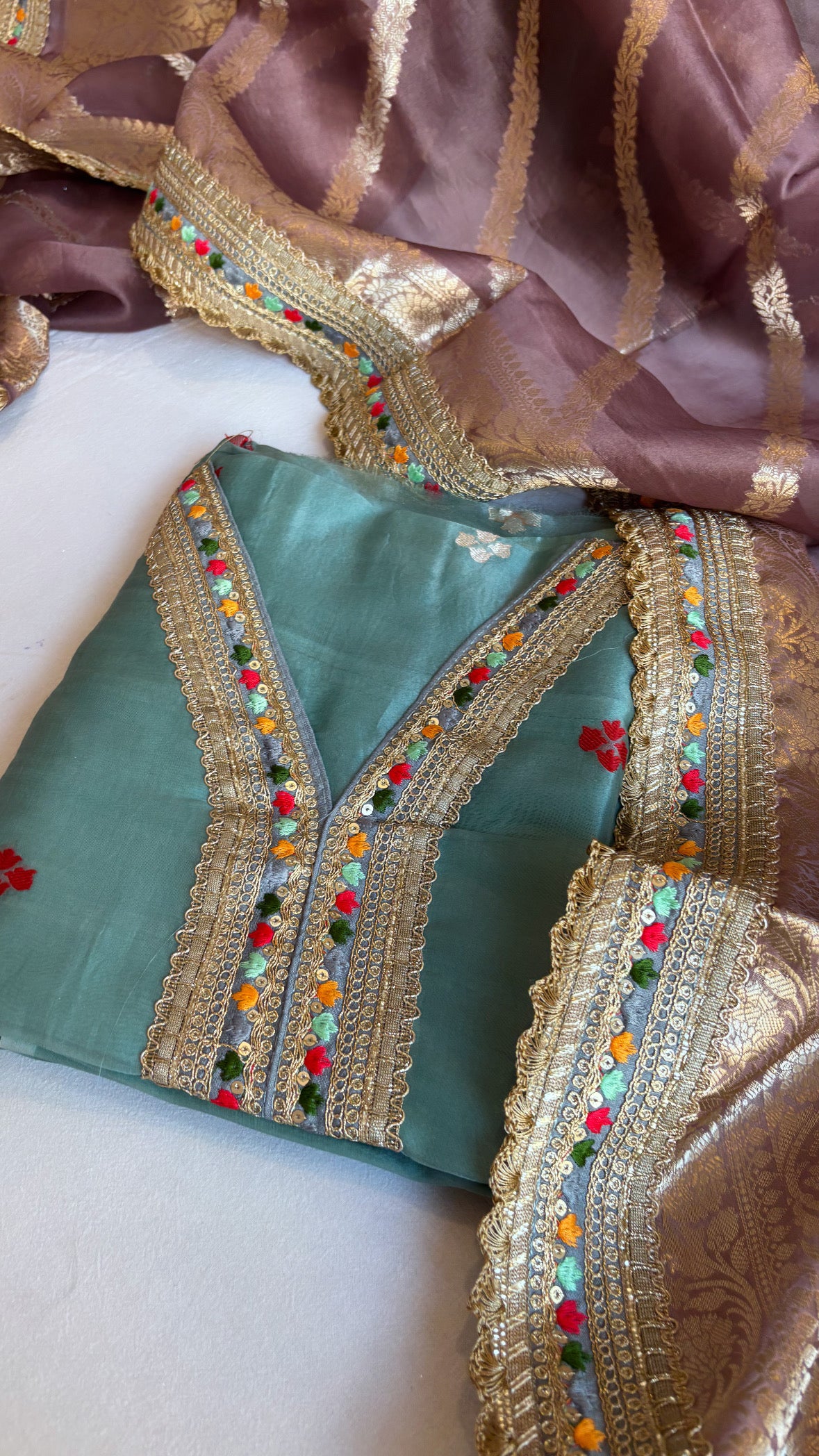 Banarasi sage blue-dull lilac kora silk combination gotapatti suit sets