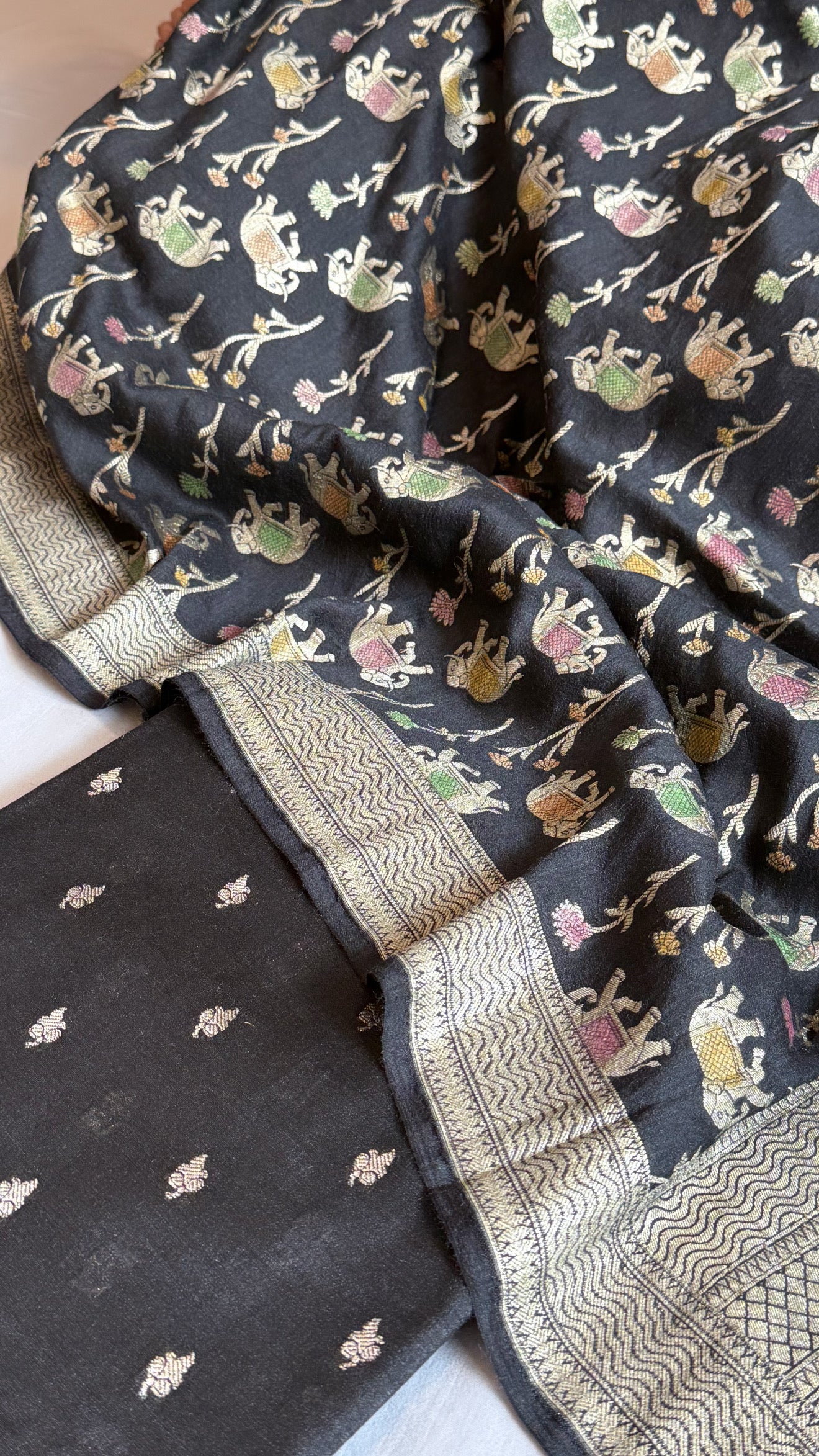 Black moonga silk elephant motif kadhwa weaving suit set