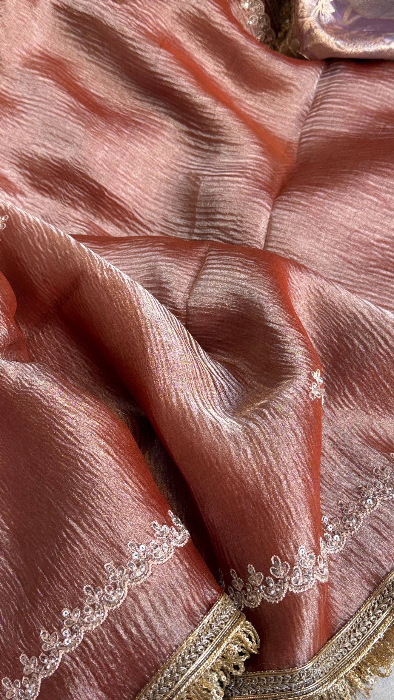 Crushed rose peach tissue silk hand embroidered kadhwa saree