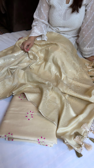 French soft ivory moonga silk meenedar jaal suit set