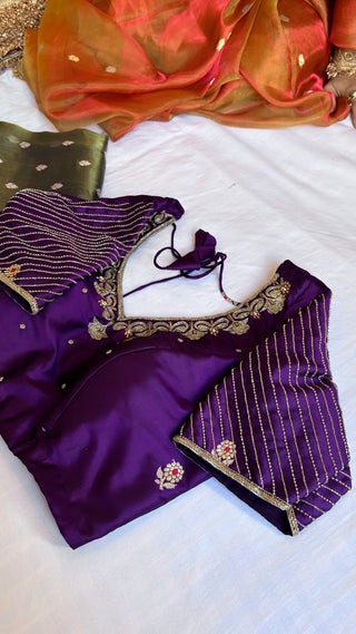 Sitara purple katan silk hand embroidered blouse piece                 SIZE - 36 to 38