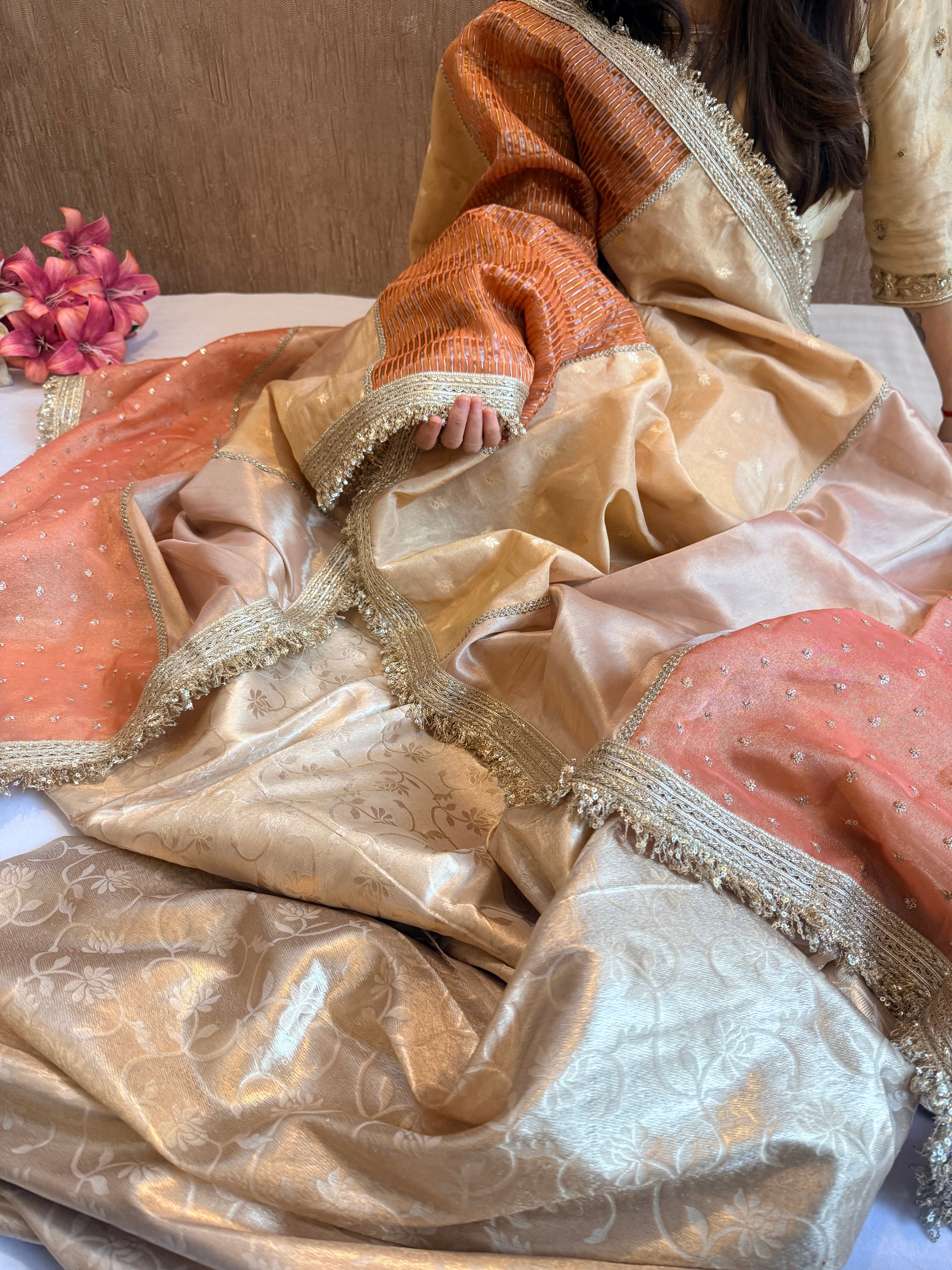 Golden shades pakistani tukdi tissue duppata paired with jaalwork tissue kurta