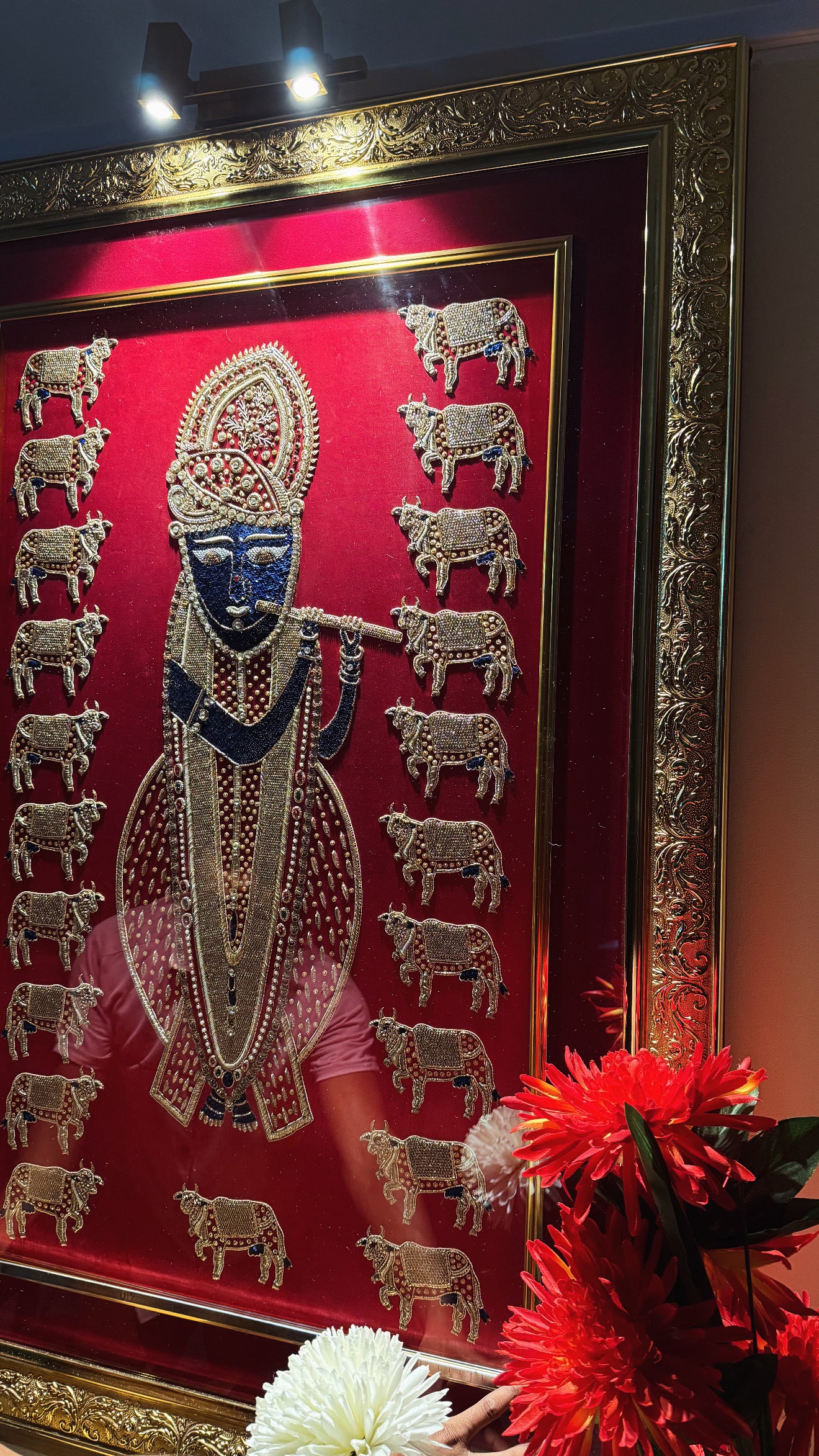 Shreenathji hand embroidered 21 cow motif cloth for frames ( 1 meter by 60cm )