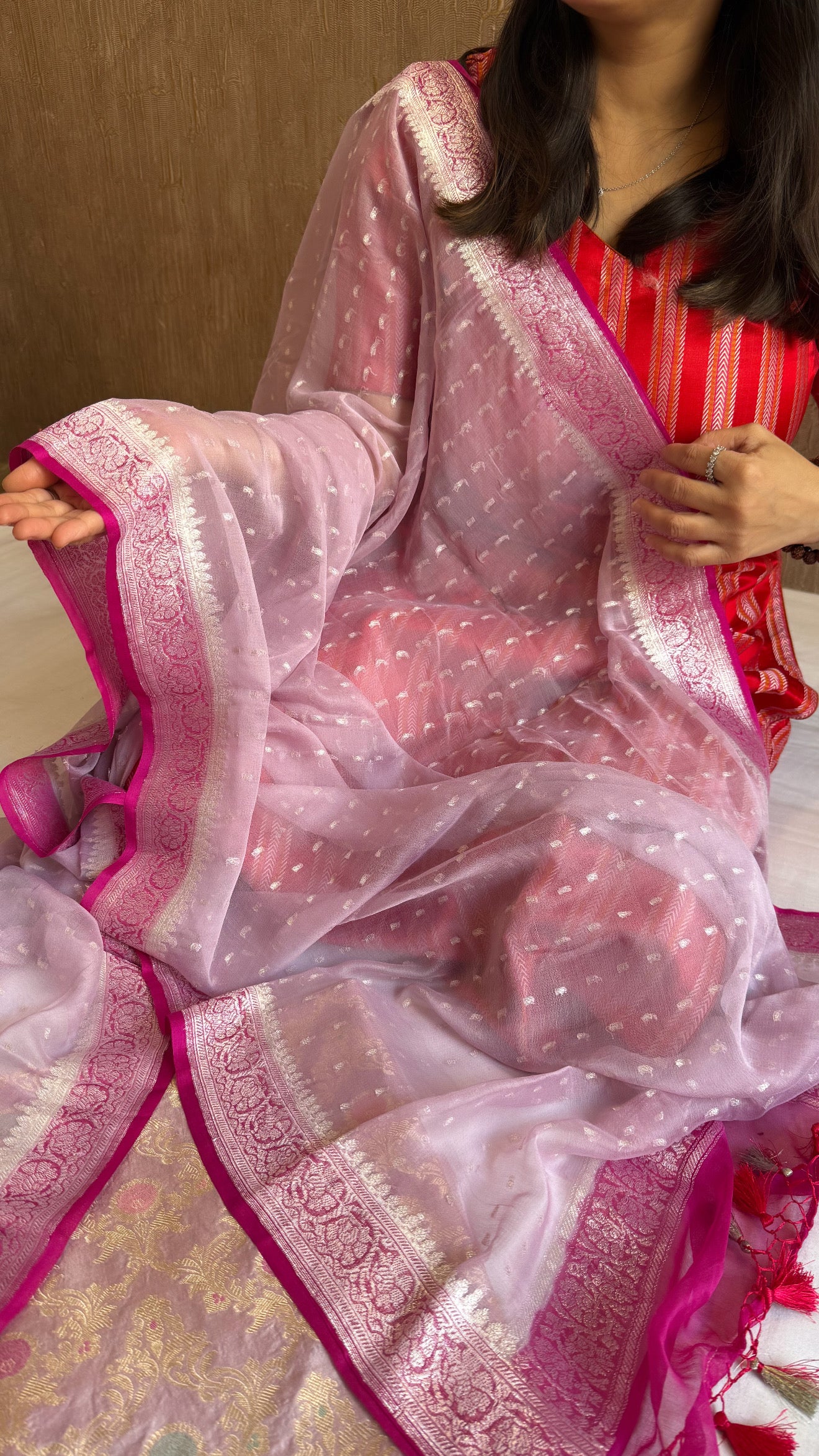 Blush pink - Hot pink katan silk kadhwa jaal kurta paired with chap dye chiffon gorgette duppata set