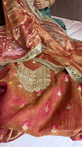 Rani pink heeramandi mirror work crushed tissue silk suit set