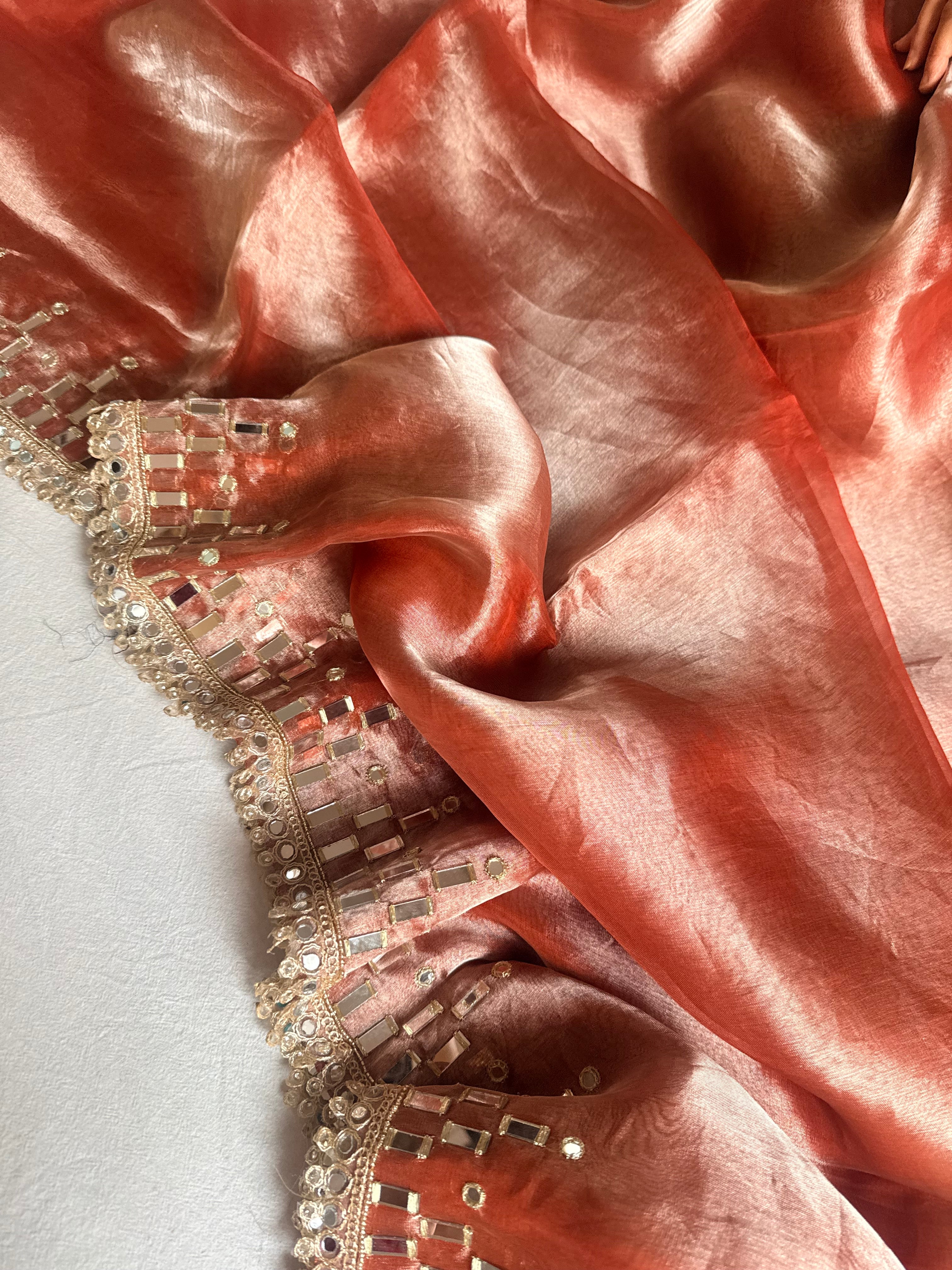 Gajri peach tissue silk mirrorwork hand embroidered kadhwa saree