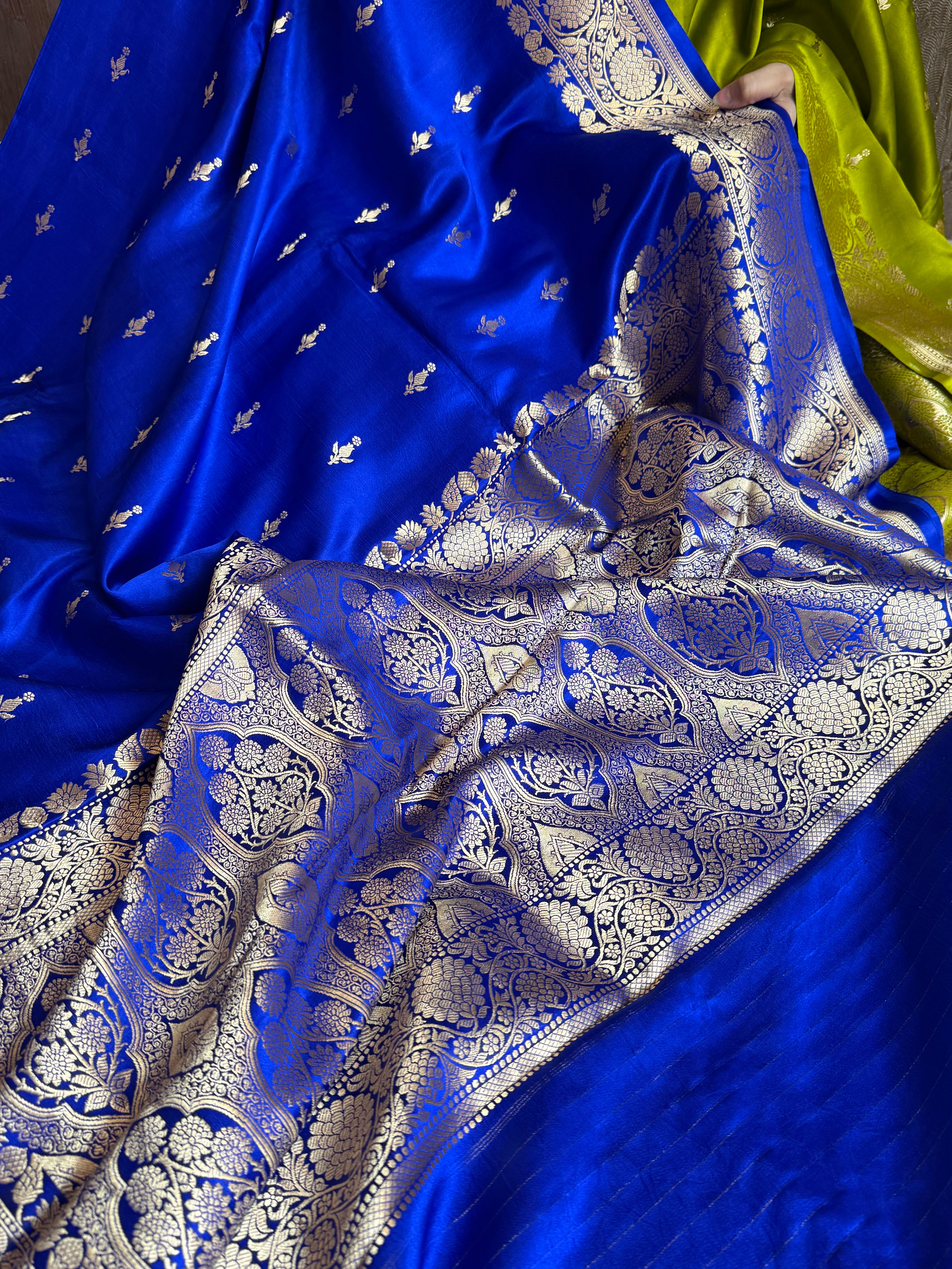 Ink blue banarasi mashru silk kadhwa buti saree