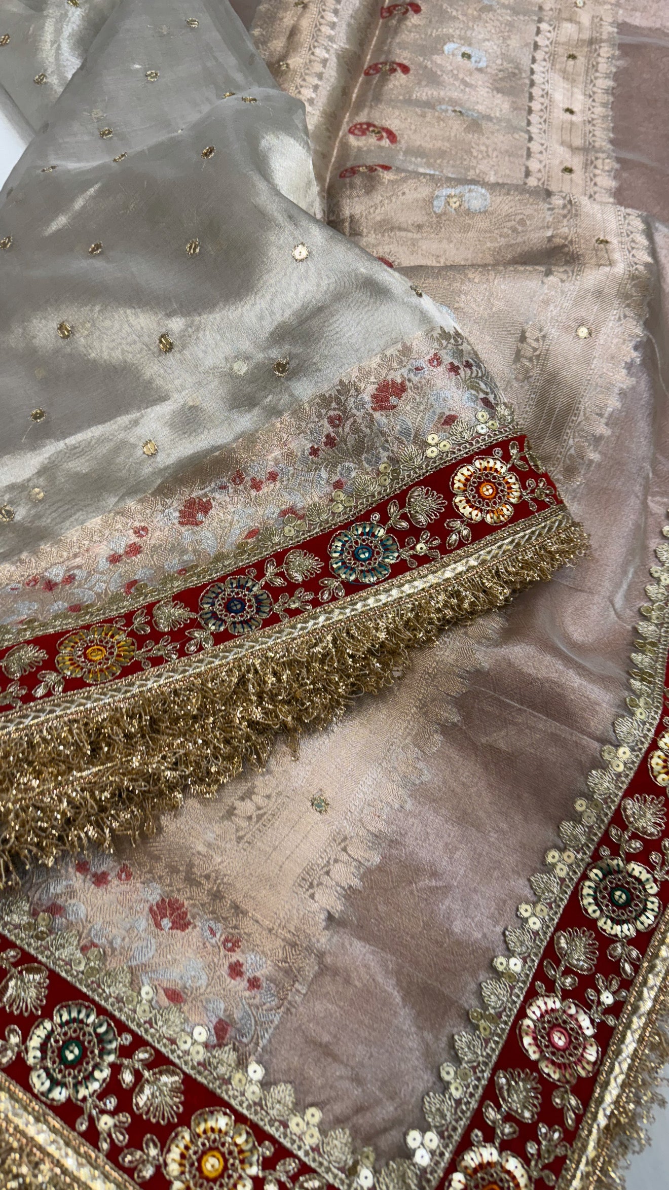 Diamond tissue silk chunri buti hand embroidered panetar saree