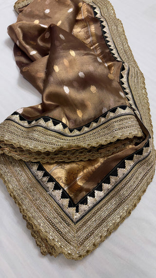 Maharani kanjivaram chocolate brown tissue silk kadhwa buti saree