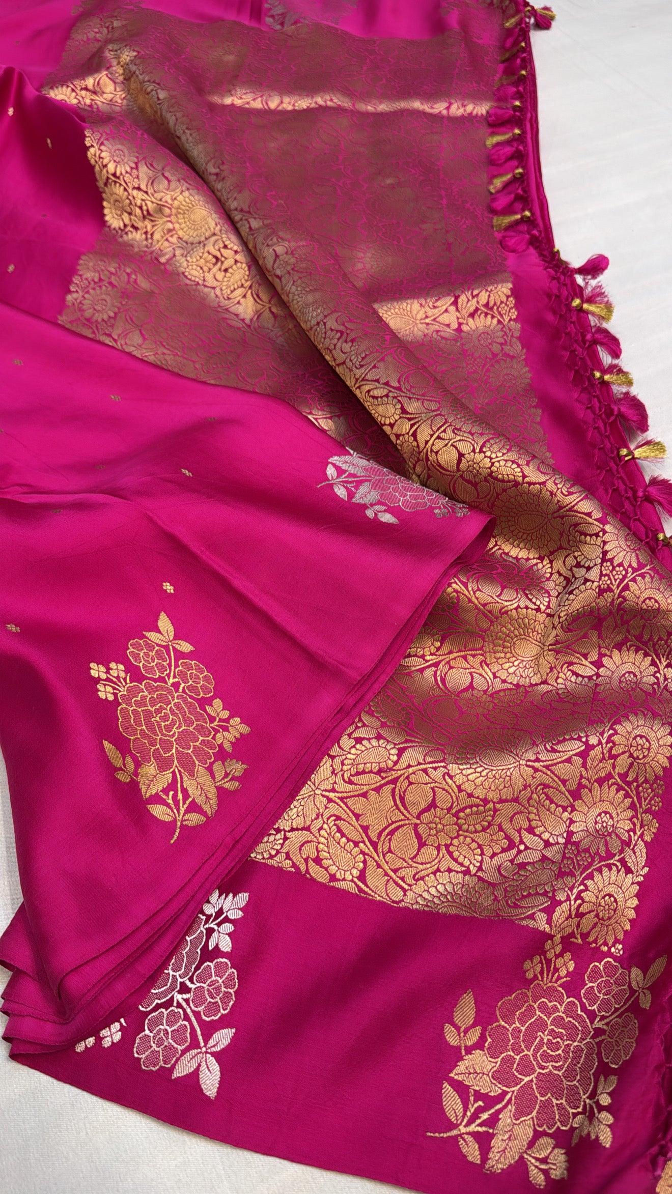 Mashru satin silk fuchsia pink banarasi saree