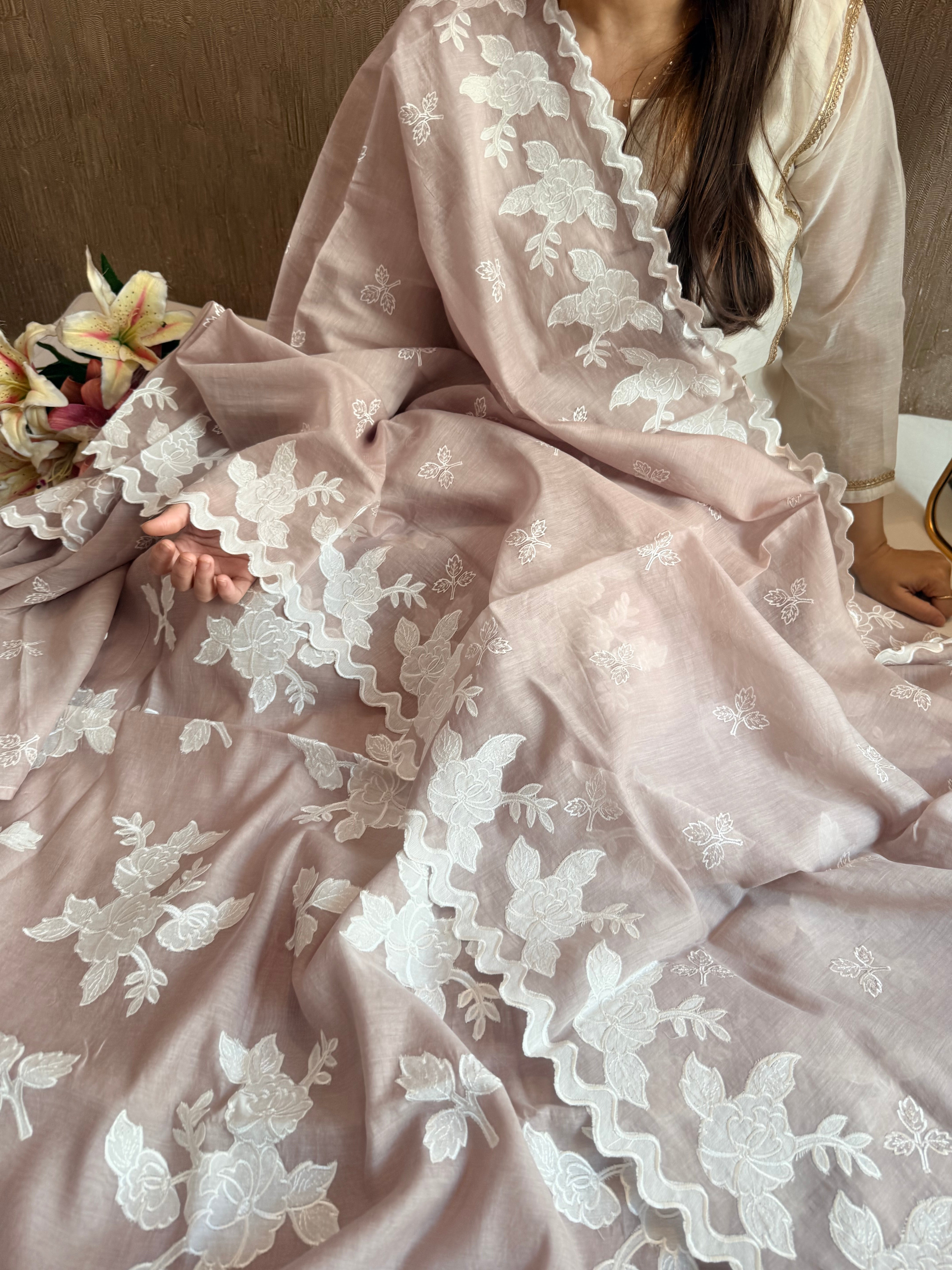Alia bhatt inspired banarasi mulmul appliqué work suit set