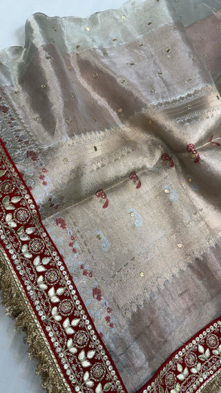 Diamond tissue silk chunri buti hand embroidered panetar saree