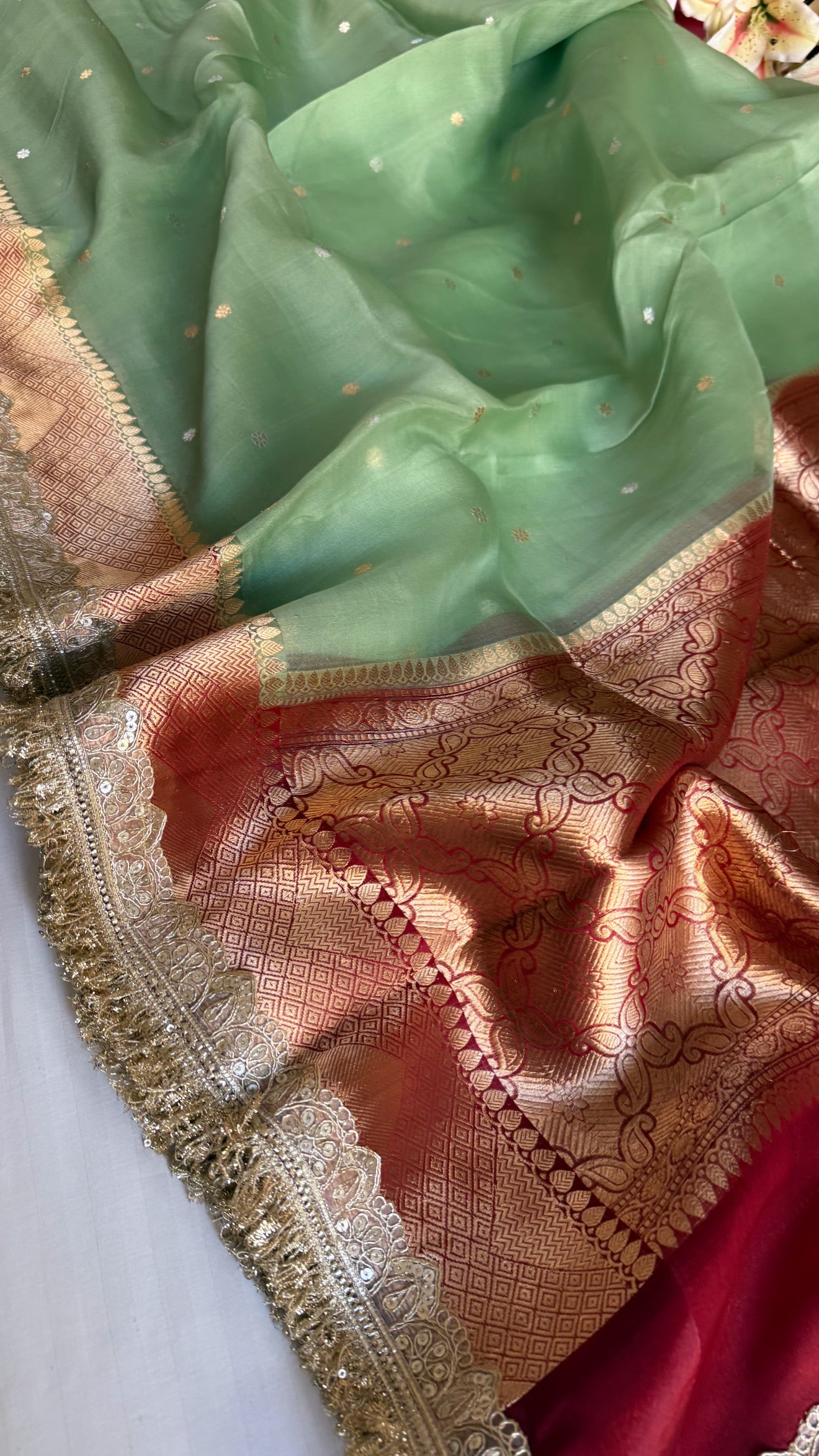 Mint green -Red combination chap dye kora silk banarasi saree