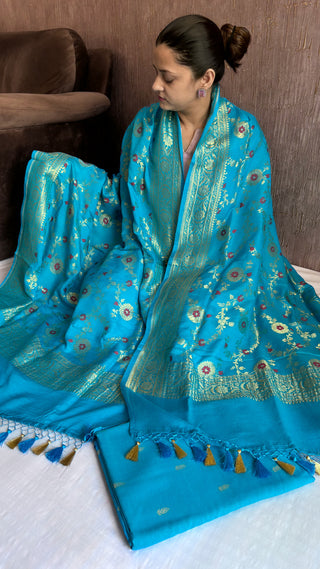 Firozi blue moonga silk meenedar kadhwa jaal suit set