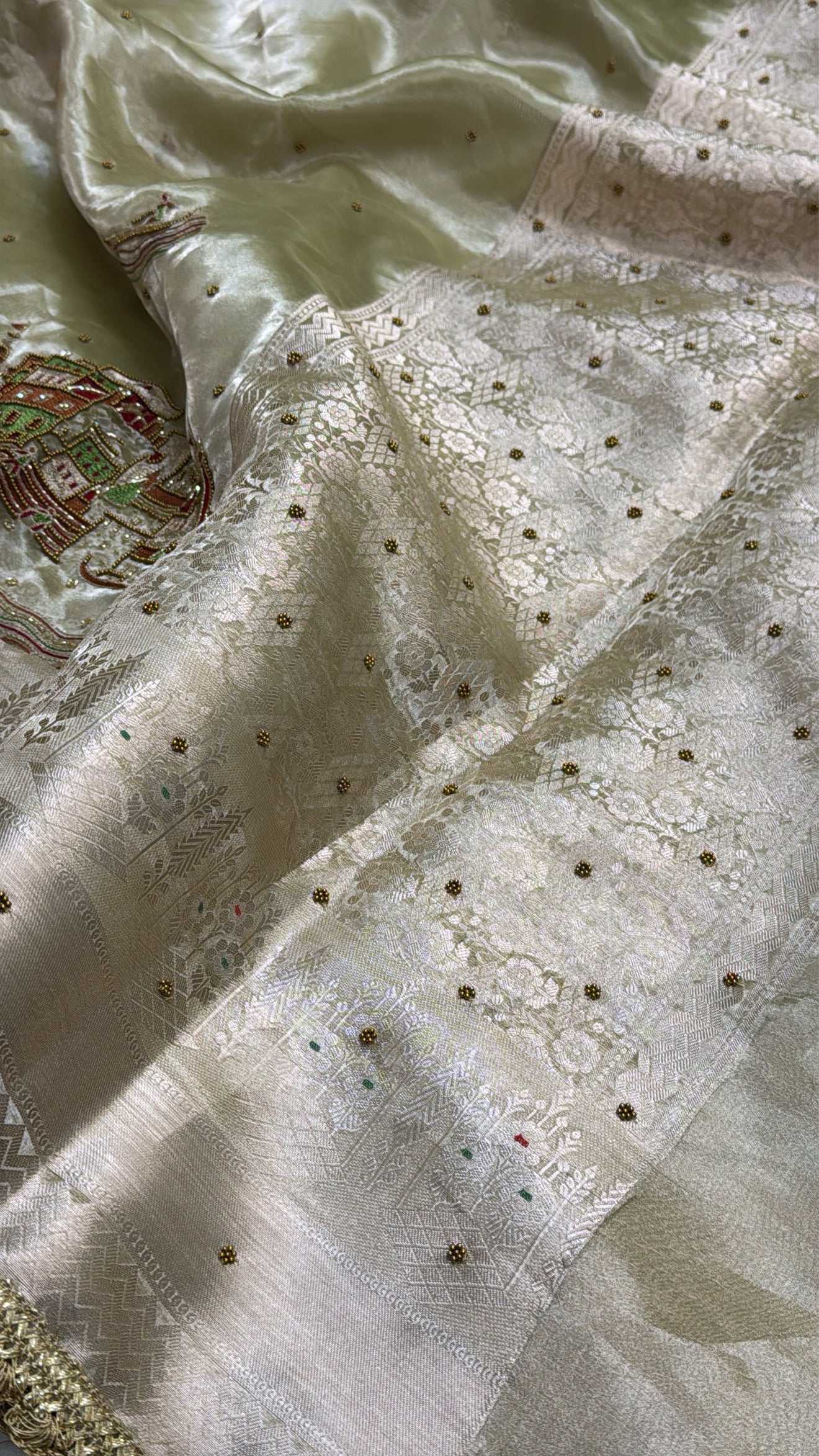 Gangaghat edit saree - Mint green tissue silk hand embroidered ghat inspired kadhwa saree