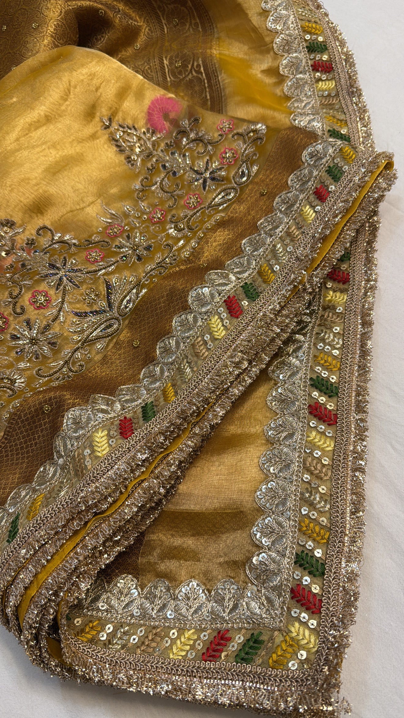 Maharani antique golden yellow zari tissue silk hand embroidered kadhwa saree
