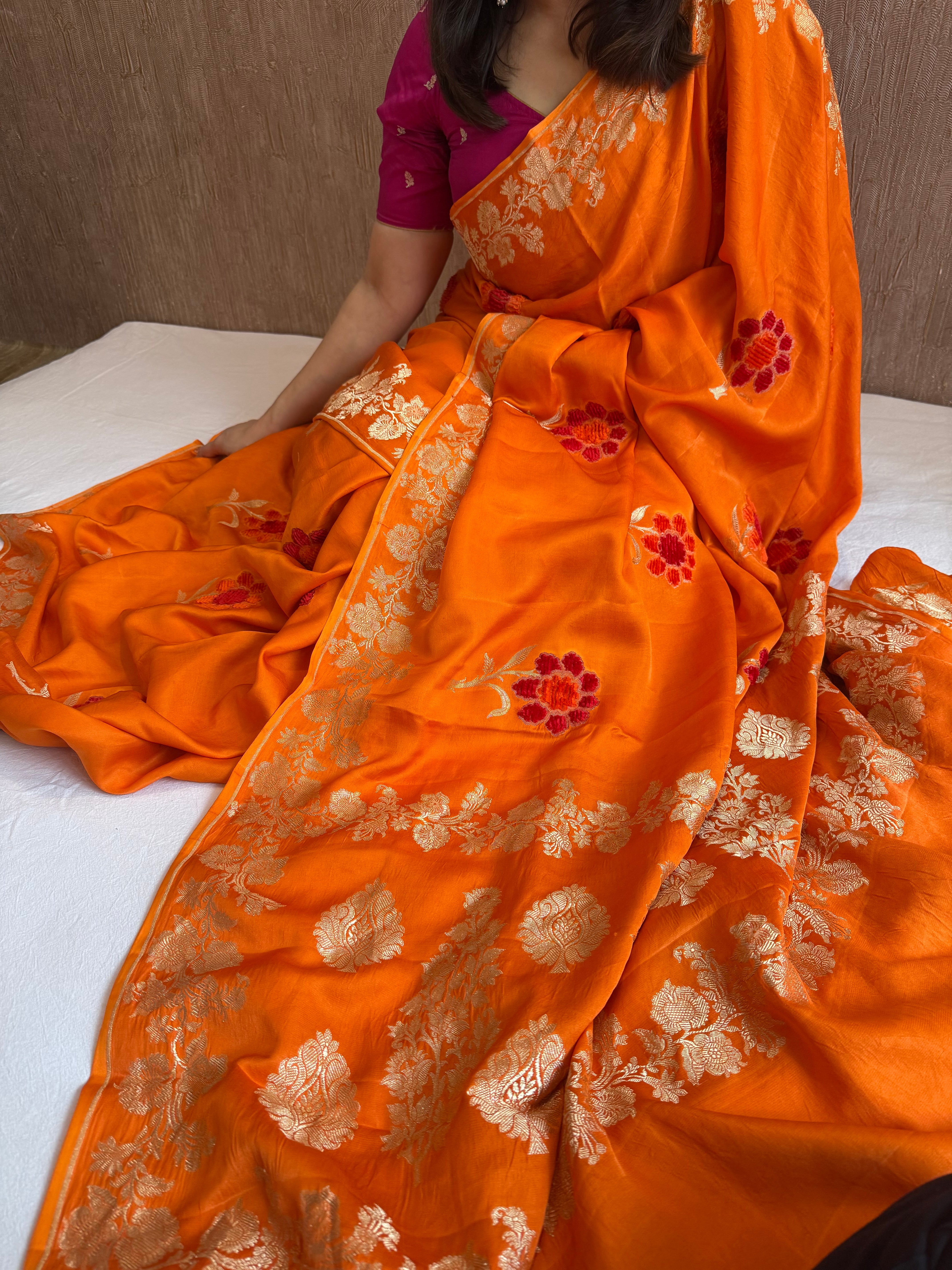Banarasi fanta orange mashru silk heavy weaving saree with velvet hand embroidered weaving