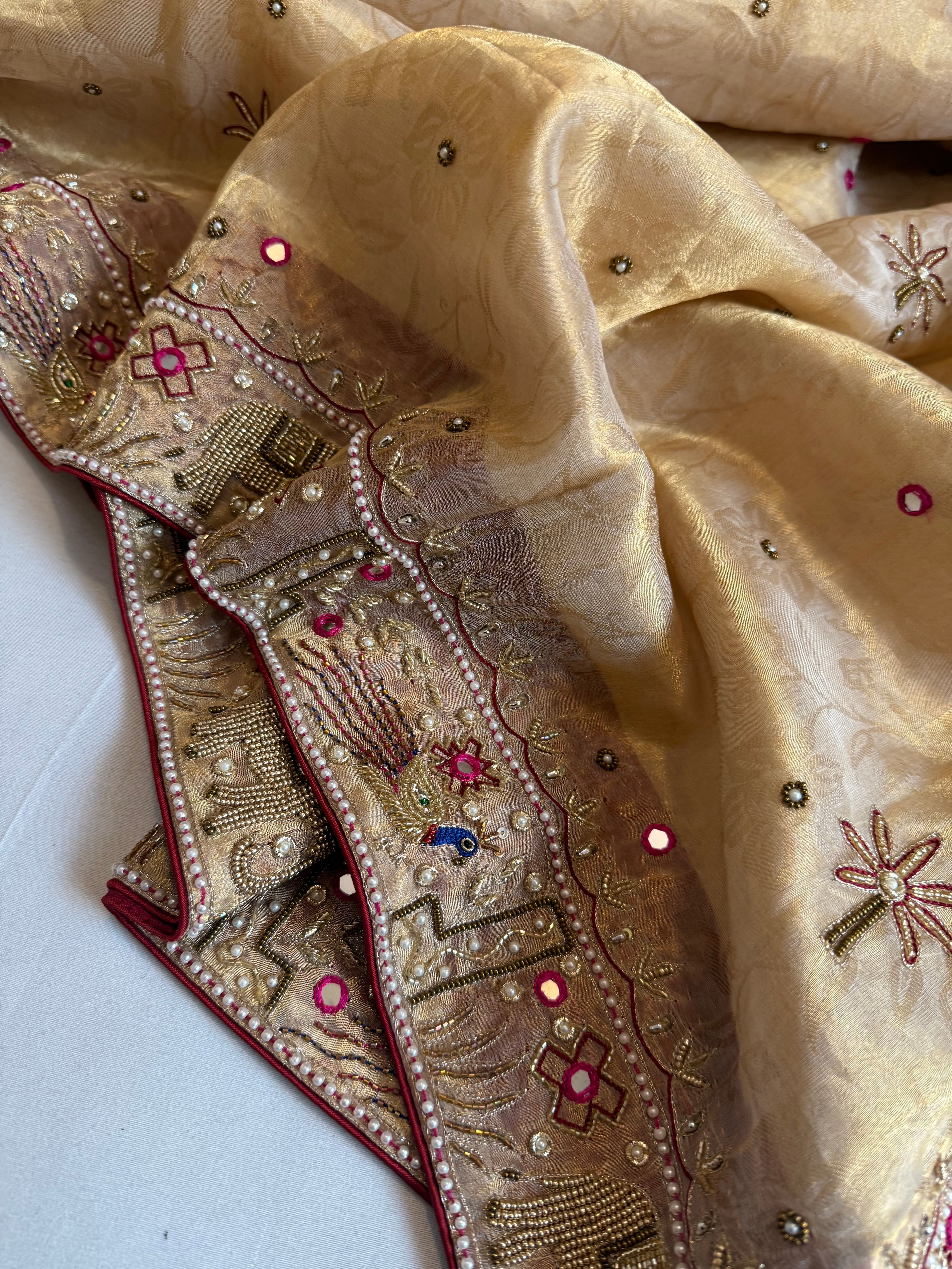 Sheeshmahal shikargah edit - Golden tissue silk hand embroidered elephant motif border kadhwa saree