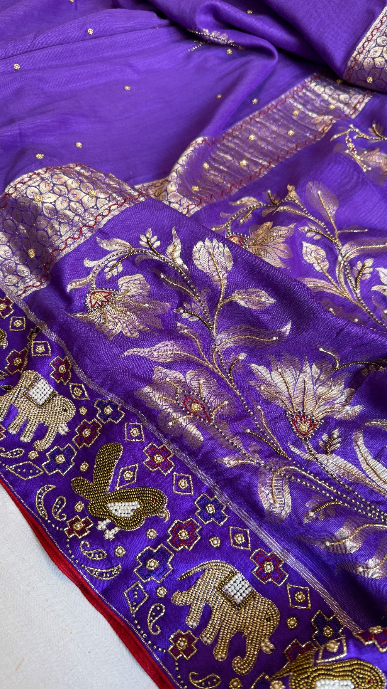 Moonga silk ikkat patola weaving inspired hand embroidered kadhwa saree