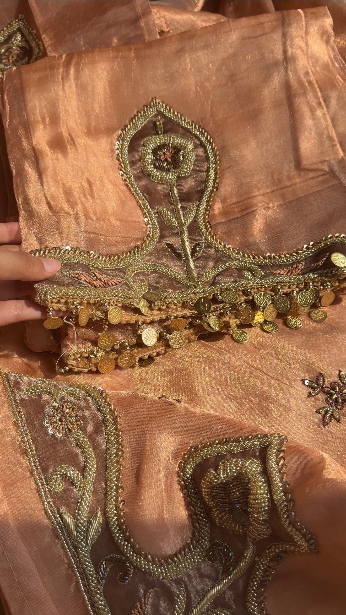 Pakeeza inspired copper tissue silk heavy zardozi work suit set