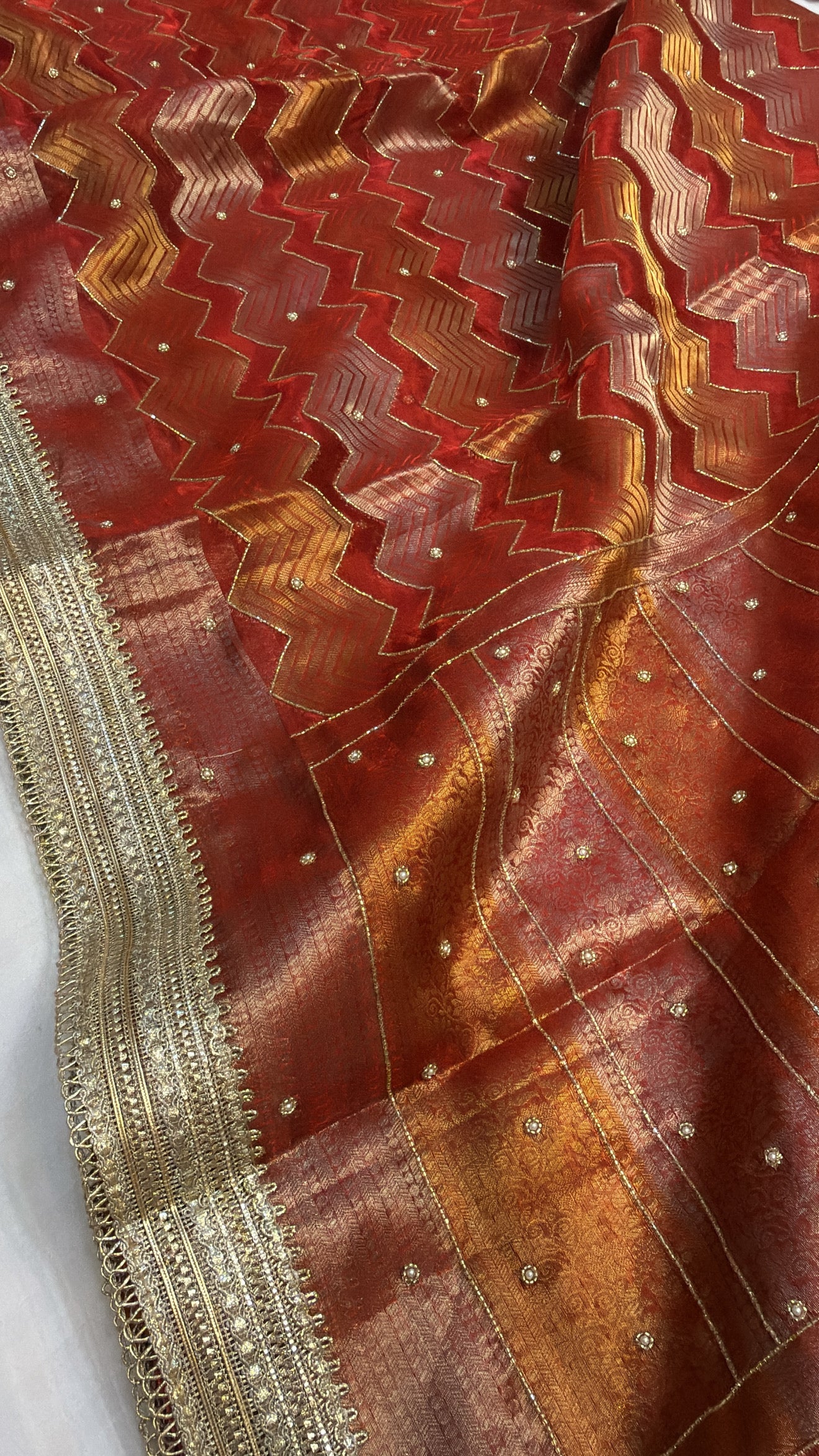 Blood red geometric weaving tissue silk hand embroidered saree