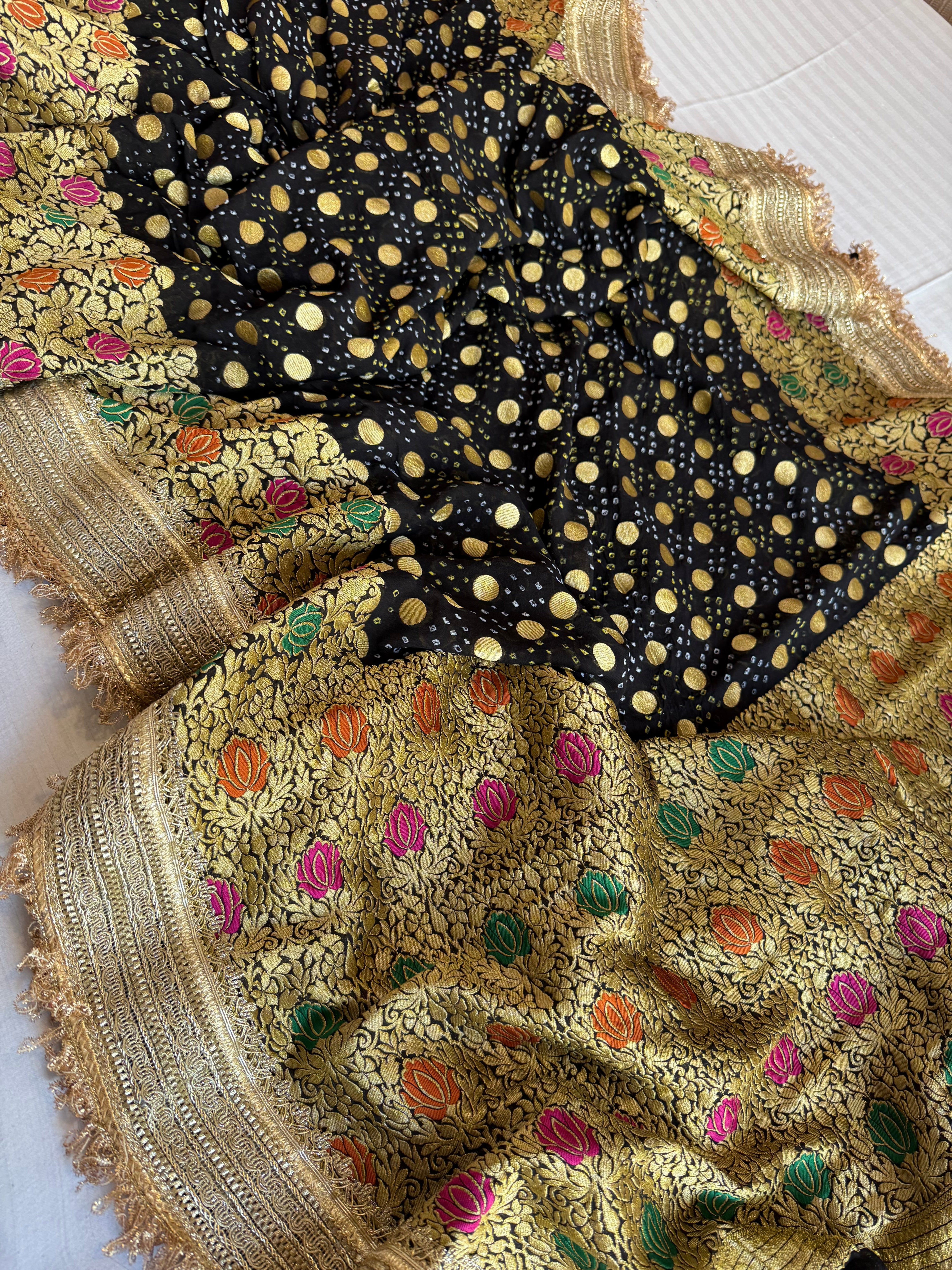 Black banarasi gorgette bandhej kadhwa meenakari saree