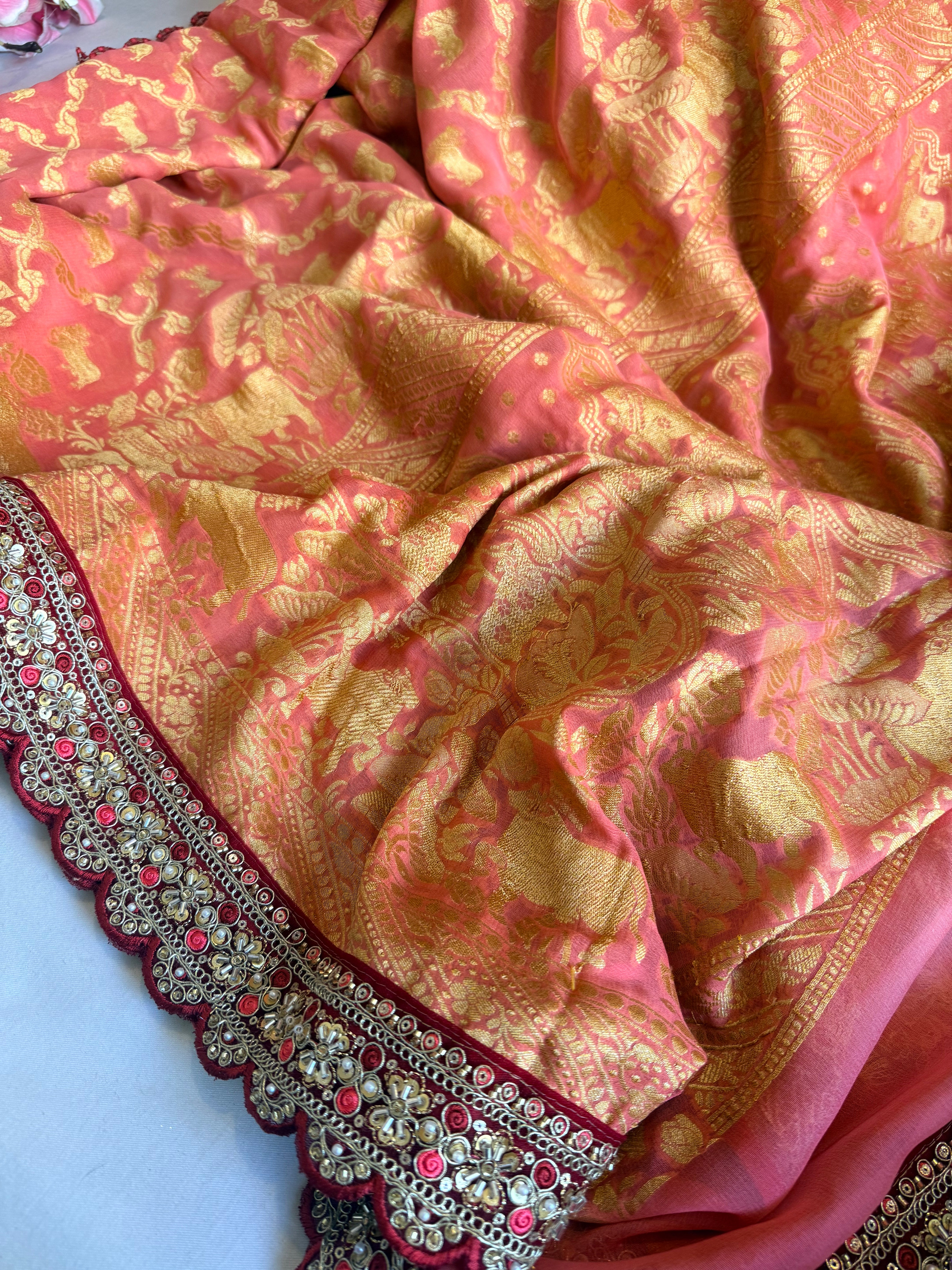 Peachy pink shikargah kadhwa border chiffon gorgette banarasi saree