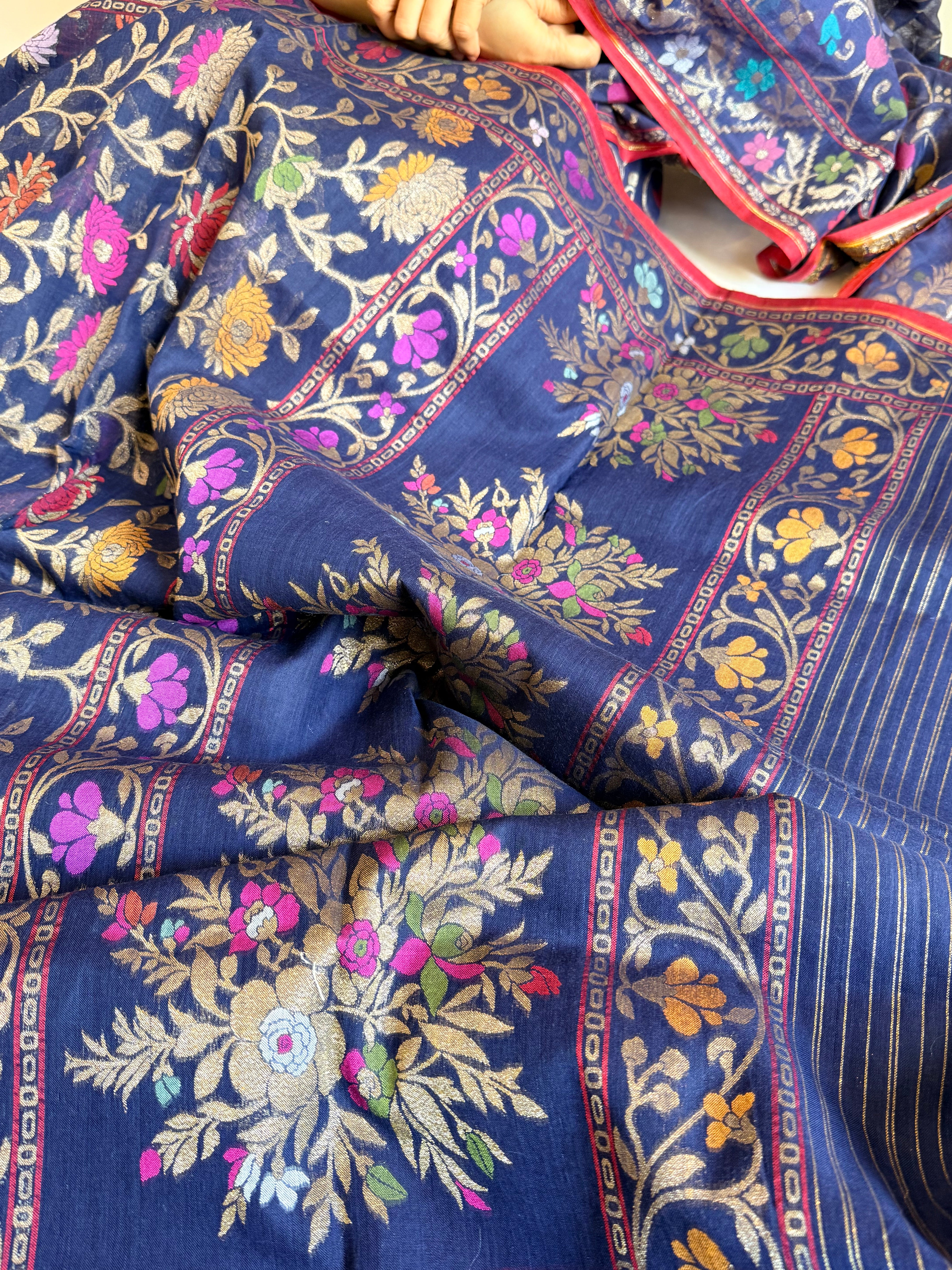 Iktara banarasi cotton jamdani navy blue meenakari saree