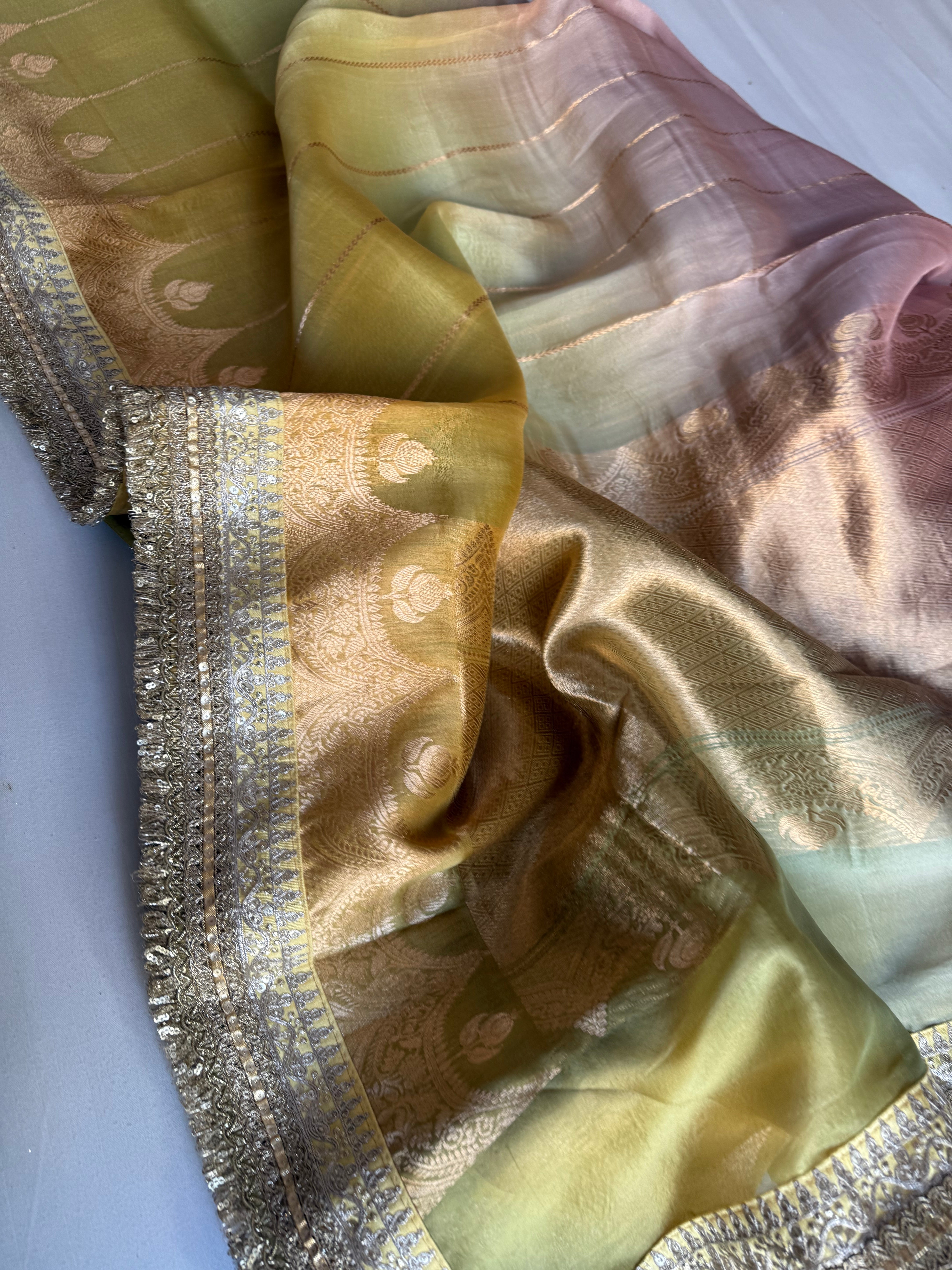 Rang-birangi banarasi kora silk multicoloured shaded kadhwa saree