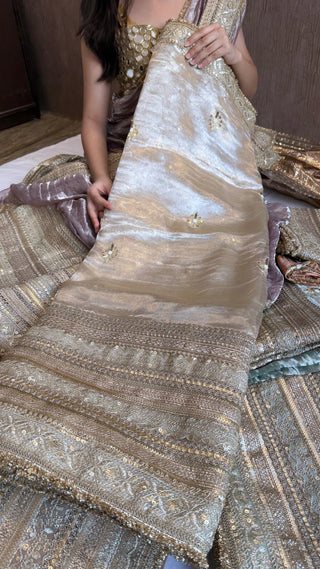 Lehenga style saree edit - Champagne gold diamond tissue silk tilli work gotapatti skirt border saree