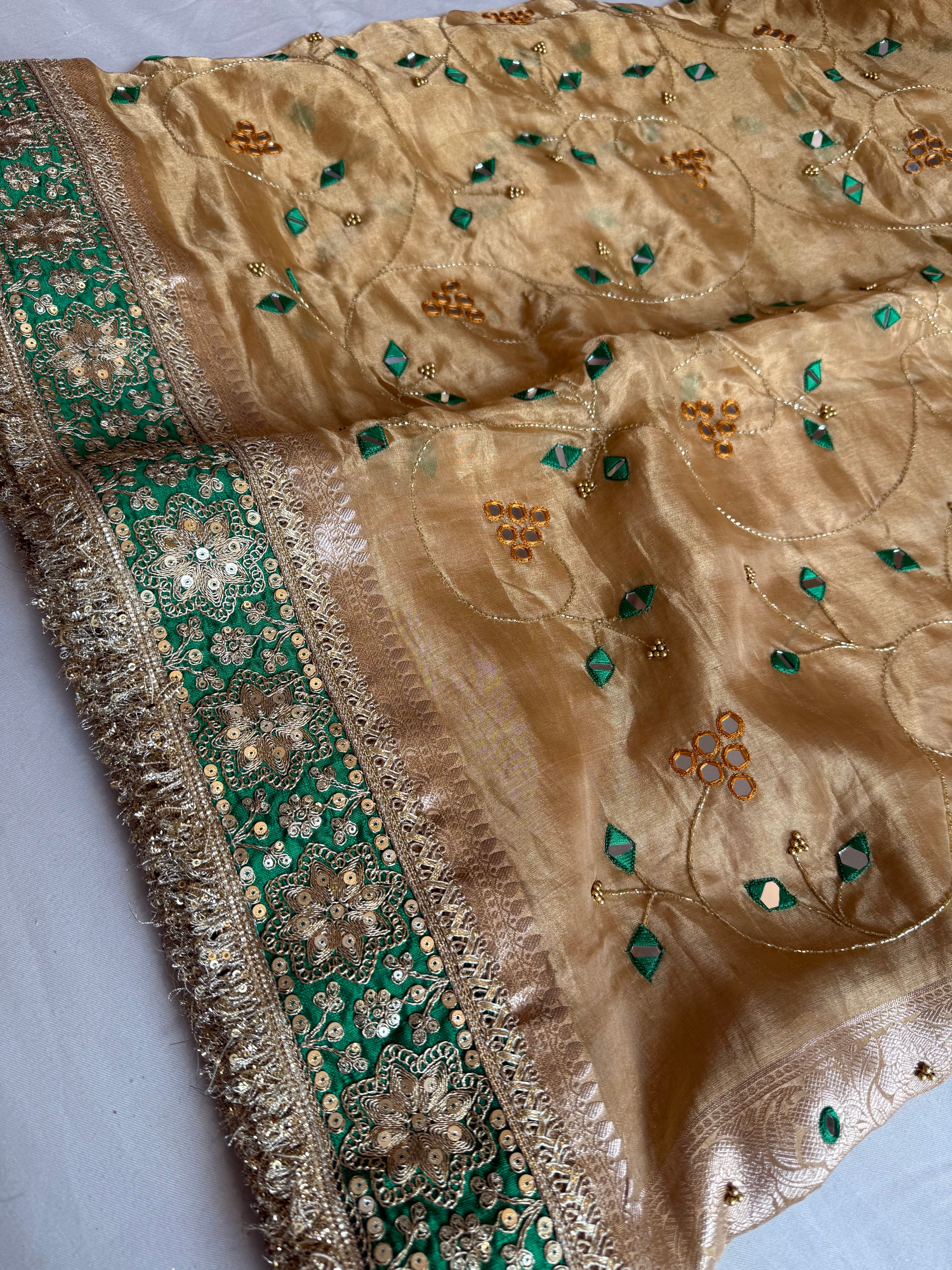 Sheesham edit - Heavy double tissue silk mirror work hand embroidered saree