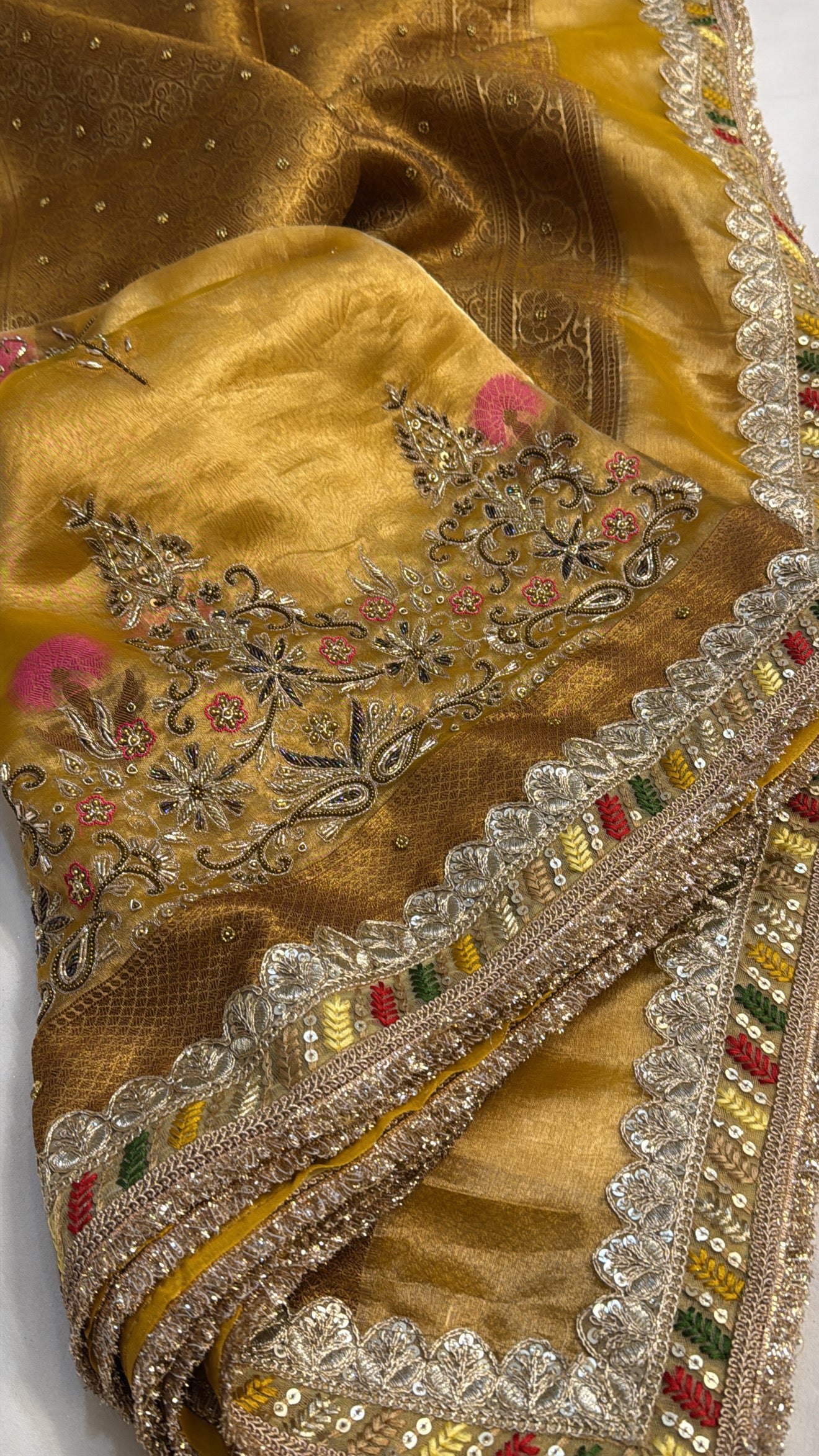 Maharani antique golden yellow zari tissue silk hand embroidered kadhwa saree