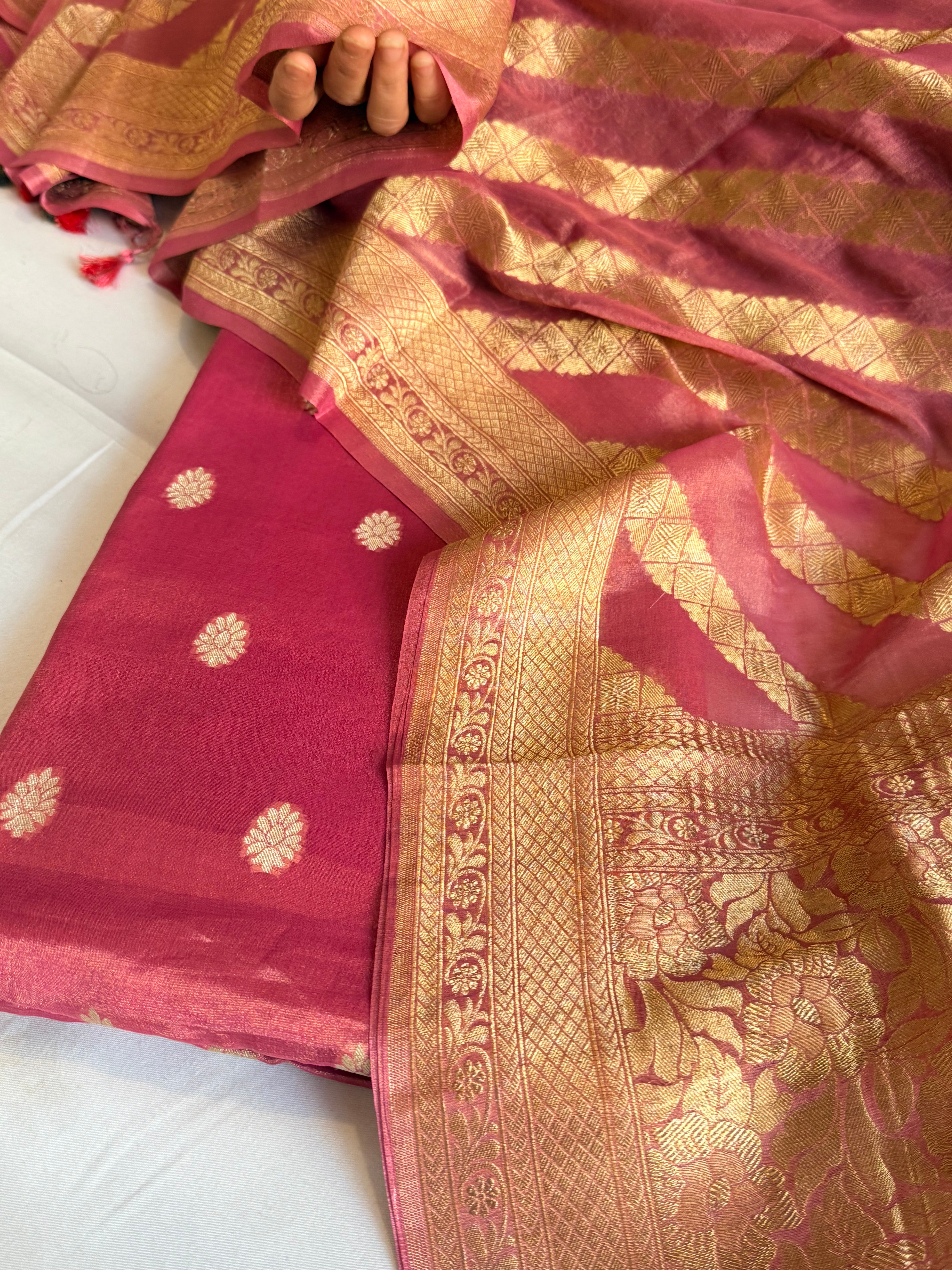 Cranberry pink tissue gorgette kadhwa banarasi suit set