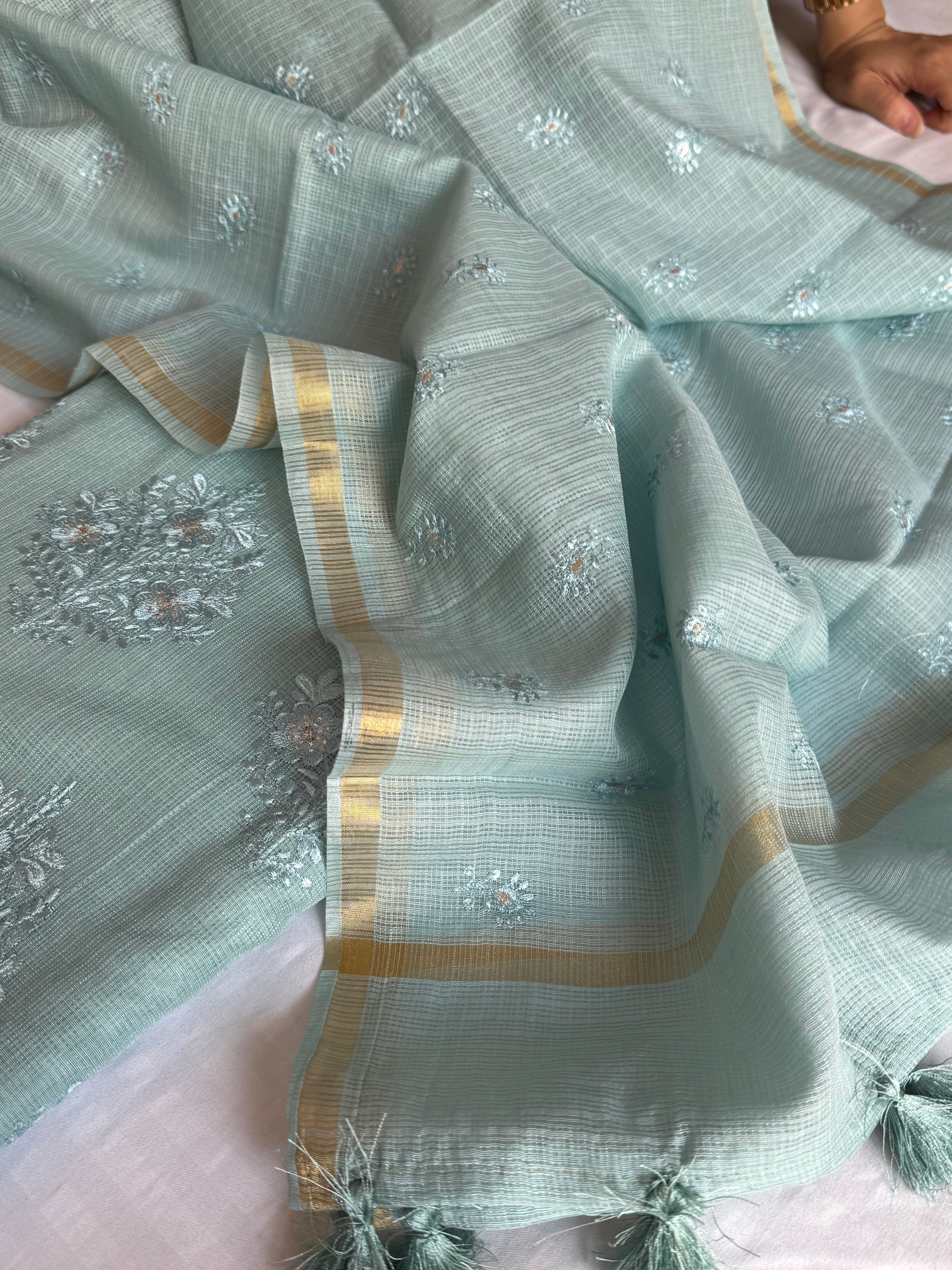 Sage blue kota check appliqué work kadhwa suit set