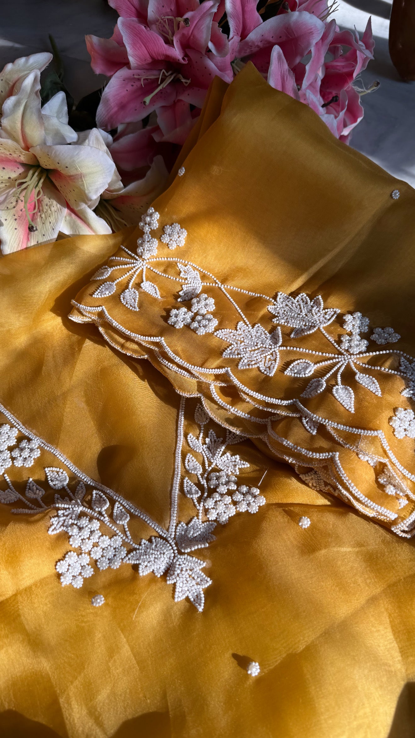 Mustard pearl work heavy hand embroidered kora silk suit set