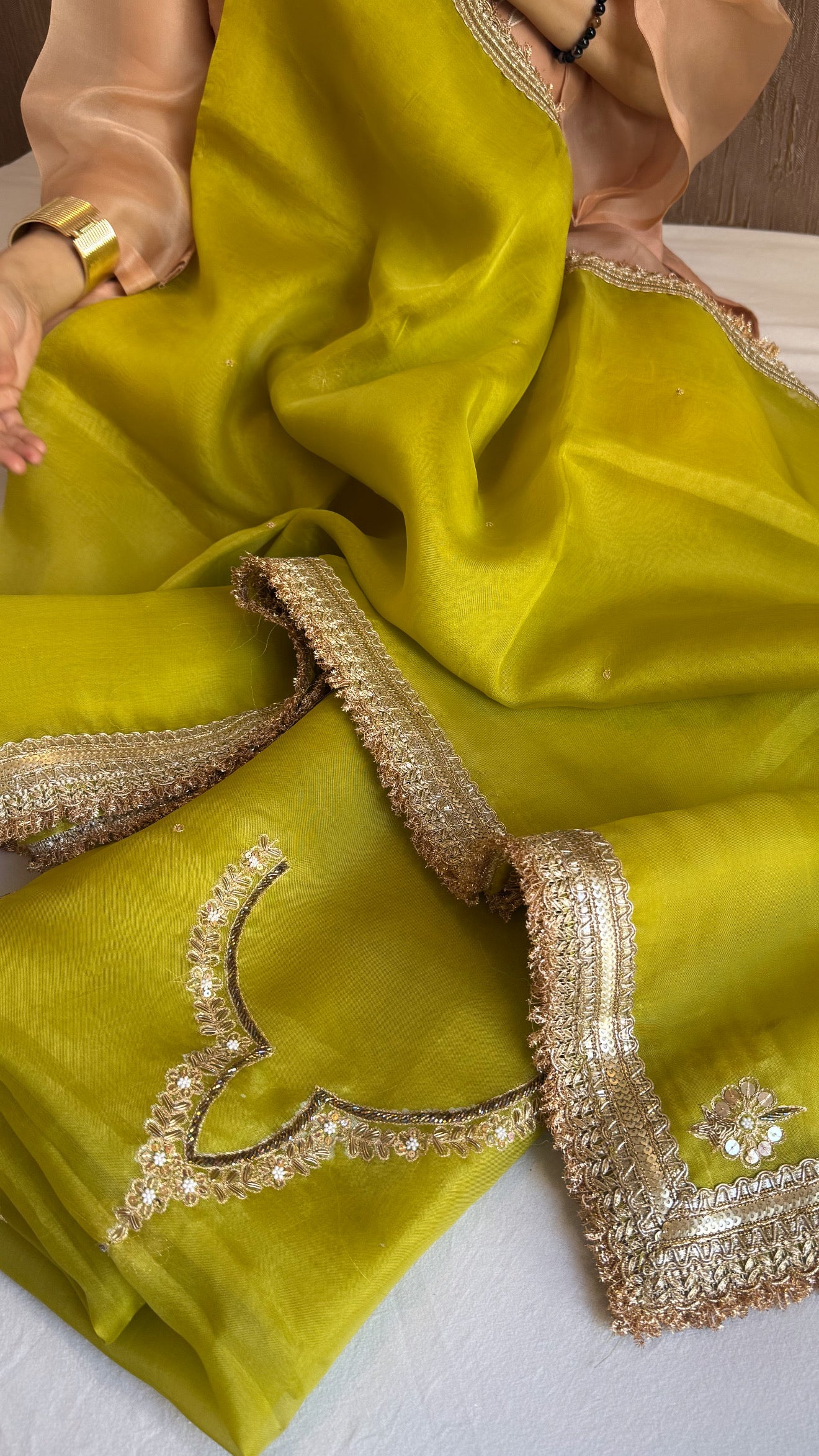 Aari and tilli kora silk hand embroidered mehendi green kadhwa suit set